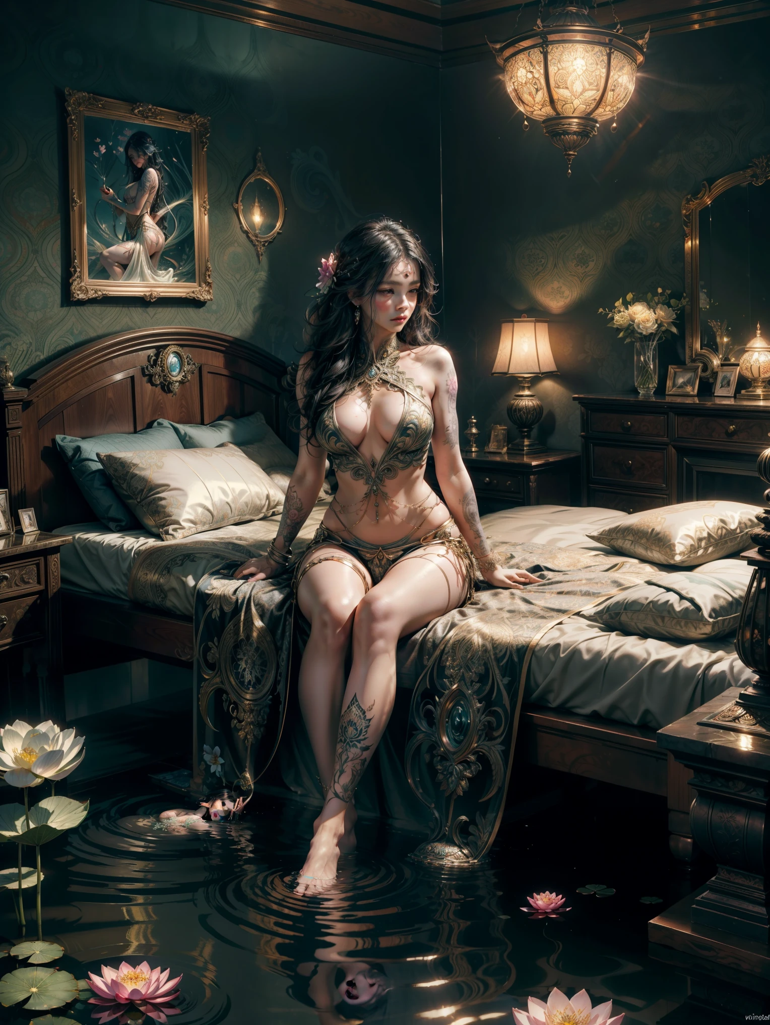 (masterpiece), best quality, expressive eyes, perfect face, 1 sexy girl in forest dress, flowers, leaves, Mandala, fractal, Sleeping Beauty, full body Bella🦋, beautiful sleeping girl, room with mirror, girl sleeping in the bed and sheets, old clock and lamp on the table, full body, black hair, transparent clothes, sexy legs, view of pubic hair, 1 sexy girl in transparent forest clothes, exposed breasts, open transparent t-shirt, tattoos of mandalas and flowers , best quality, masterpiece, illustration, very delicate and beautiful, very detailed, CG, unity, 8k wallpaper, ridiculous, huge file size, very wide lens, soft light, slight smile, view of the man's exposed breasts pubic hair, mandala and flower tattoos, Best quality, Full body, Nude summer, Full tattoo, (Masterpiece, Top quality, Best quality, Official art, Beautiful and aesthetic: 1.2), (1 flower), Full body, Extremely detailed, (Fractal art: 1.3), colored, more detailed, "Best quality", "Masterpiece, Sakimichan style art, black hair fused with platinum and gold, naked girl, beautiful visible pubic area, pink breasts, small breasts at the view, water pond in the garden, old floating clock, lamp, lantern, skin wet with water, floating bed in the pond, beautiful girl lying on the bed, fantasy, view from above, floating bed in the pond, temple interior flooded, night light, full moon, deep fantasy dream, clothes melted in pond water, black hair with gold and platinum reflections, pink weights, toes submerged in water,, official art, unity 8k wallpaper, ultra detailed, beautiful and aesthetic, beautiful, masterpiece, best quality, (zentangle, mandala, tangle, entangle), (ecstasy of flower:1.2) dynamic angle, the most beautiful form of chaos, elegant, a brutalist designed, vivid colours, romanticism, Background with:ponds,Cherry blossom forest,lotus flower)Lie underwater,seen from the front,, mostly cloudy sky,(Very detailed CG unity 8K wallpaper),