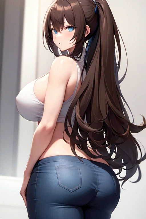 White woman, brown hair blue eyes, long hair, big ass, clothed