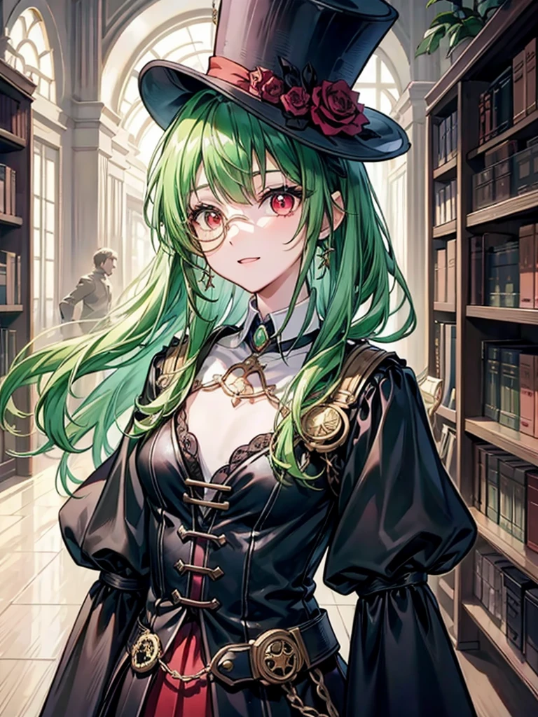 (((masterpiece、Highest image quality、highest quality、highly detailed unity 8kwallpaper)))、((Illustration of one girl、upper body))、(((beautiful girl)))、(librarian)、(Emerald green hair、sidelocks:1.2、red eyes、crazy smile:1.3)、(((flat chest)))、(monocle)、pocket watch、(((Black top hat、Black tuxedo)))、great medieval library