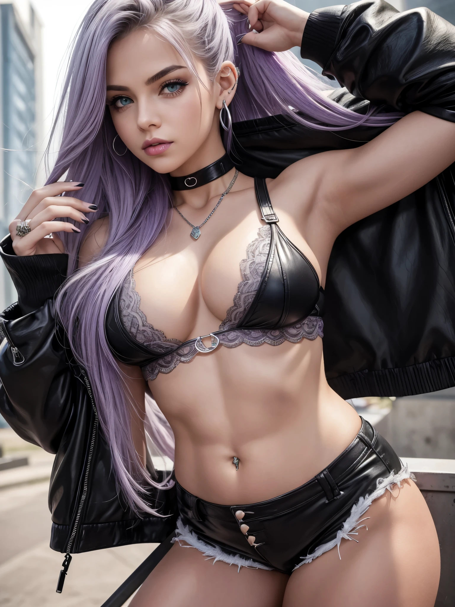 one girl, long light purple lilac hair, realistic green eyes, cleavage, large chest, shiny skin, wearing a shiny black leather jacket, multiple cartilage earrings, plump lips, wearing tiny leather shorts, wearing a medium toned gray lace crop top, wearing very long necklace and a black choker on neck, long black fingernails, multiple rings on fingers, one girl++, at the skate park, soft muscular abs, belly button ring, belly button jewelry, dark eyeliner makeup, half up half down hairstyle, silver jewelry, silver earrings, multiple earrings
