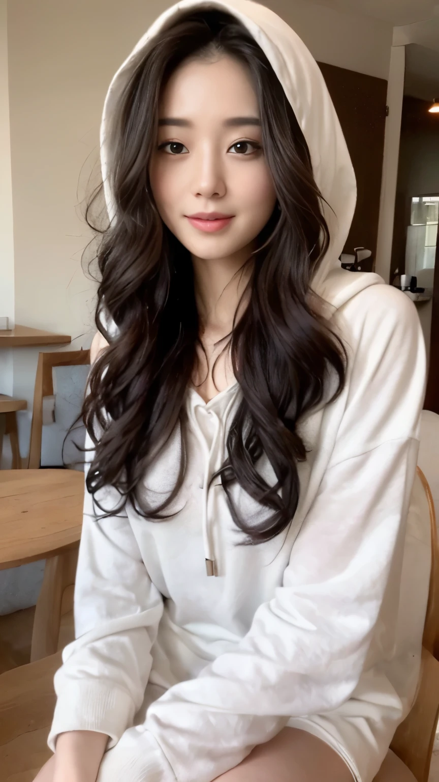 ((top-quality、8k、masterpiece:1.3))、Beautiful woman with perfect body:1.4、slim abdomen:1.2、Longhair, normal breast, Highly detailed facial and skin texture, A detailed eye, (smile), (full body shot), ((cafe)), (sitting on the chair), (((wearing white hooded)), looking in front