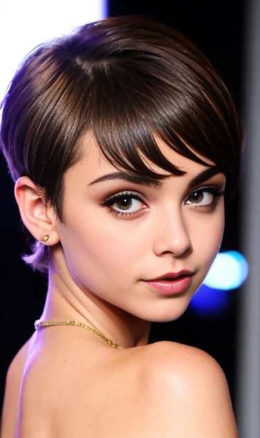 Photo of a 15-year-old European girl, .RAW, beautiful woman,pecas en mejillas y pecho ,hermosos  ojos azules(Light brown hair pixie haircut),corte de cabello pixie desalineado ((retrato)), ((Cara detallada:1.2)), ((Detailed facial features)), (Piel finamente detallada)  ,lindo maquillaje, Purple eyeshadows on eyelids ,Un sexy(cool color), (Masutepiece) (proporciones perfectaotos realistas)(La mejor calidad), NffSW, (8k) (papel tapiz) (cinematic lighting) (Dramatic lighting) (sharp focus) (Enrevesado) , fondo variado , linda sonrisa, foto de cuerpo completo , posando para foto , gargantilla negra , aretes en forma de clip , maquillaje , ojos azules, labios rojos , sombra de ojos morada , viste vestido  morado elegante , chica alegre , foto de cuerpo completo 
