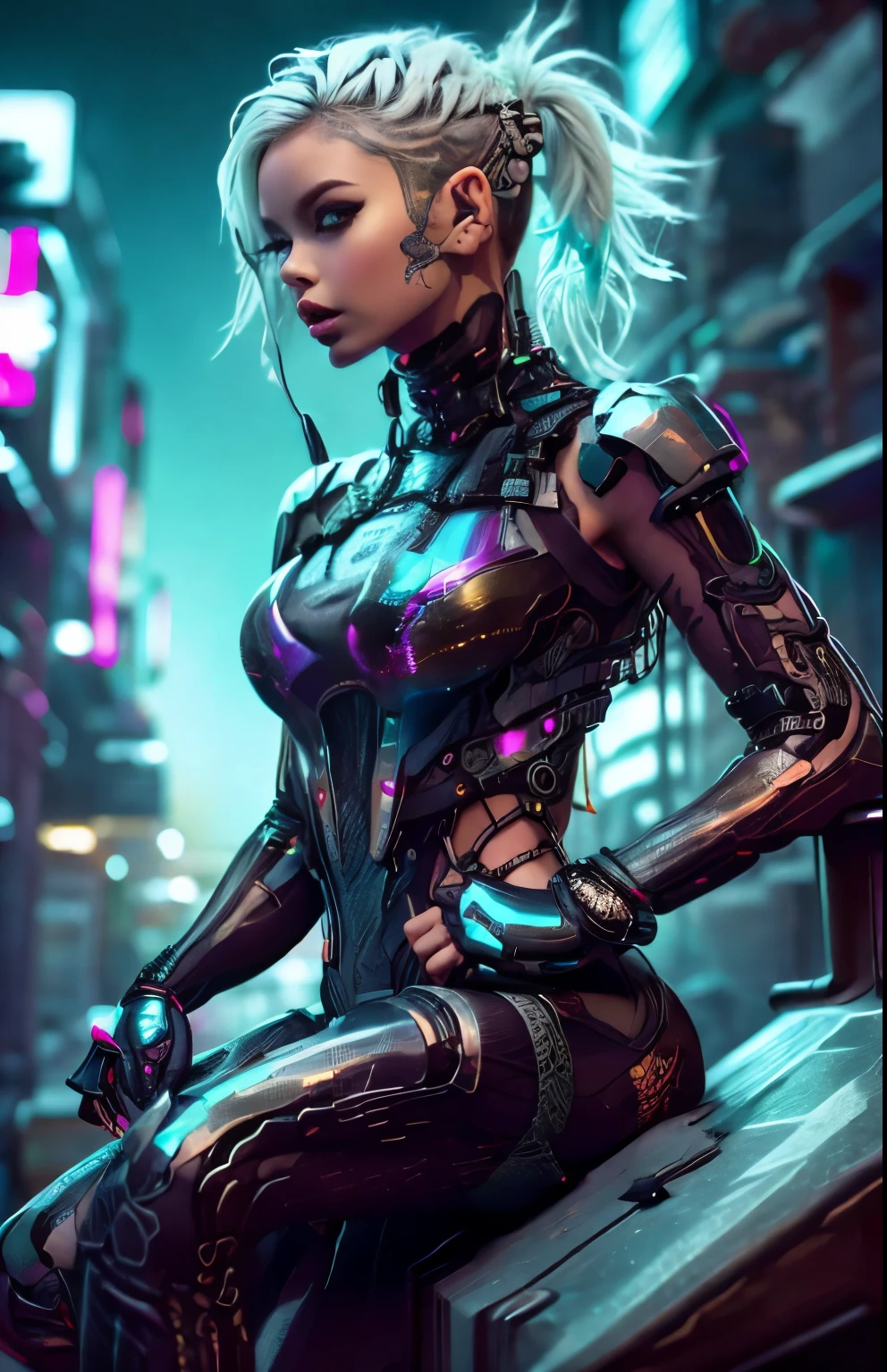 uma belissima mulher ciborgue guerreira ninja cyberpunk, olhos azuis, calelo curto, corpo humano, mechanic legs, mechanical arms, em uma cidade furista, 8k  ultra detalhado e realista