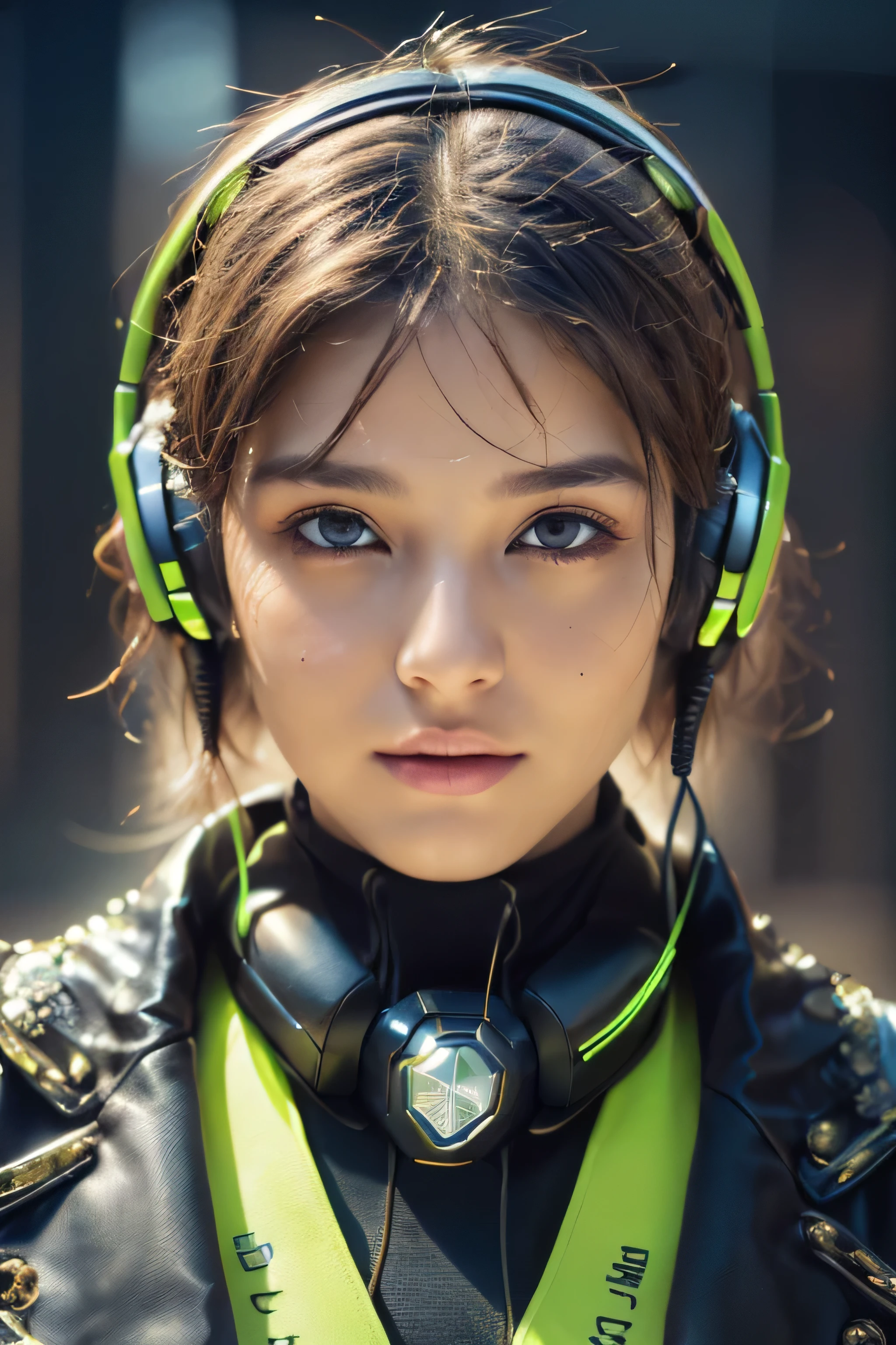 (Best Quality, Masterpiece, Ultra High Definition, High resolution, highly detailed, High Definition Face, clear pictures, HDR:1.5), (20-year-old woman:1.3), (eyes be visually in focus:1.4), (film photography style:1.5), (background neon sign, neon color fashion, cyberpunk beauty, Beautiful woman wearing headphones around her neck:1.5), (Slim Big Breasts, huge Breasts:1.3), short cut hair, (Glossy, highly fine breasts, shiny skin), highly detailed facial and skin texture, (beautiful eyes, light in the eyes, detailed eyes), clean face, white skin, very Fair skin