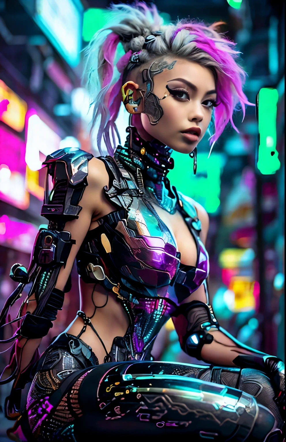 uma belissima mulher ciborgue guerreira ninja cyberpunk, olhos azuis, calelo curto, corpo humano, mechanic legs, mechanical arms, em uma cidade furista, 8k  ultra detalhado e realista