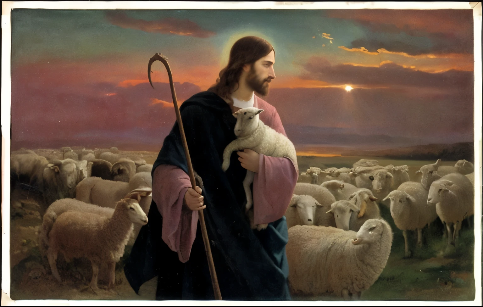 arafed image of a man with a sheep and a lamb, jesus christ, catholic religious art, by Carl Heinrich Bloch, jesus, biblical painting, religious painting, christian art, by Théodore Chassériau, jesus of nazareth, by Isidore Bonheur, john schoenherr, inspired by Carl Heinrich Bloch