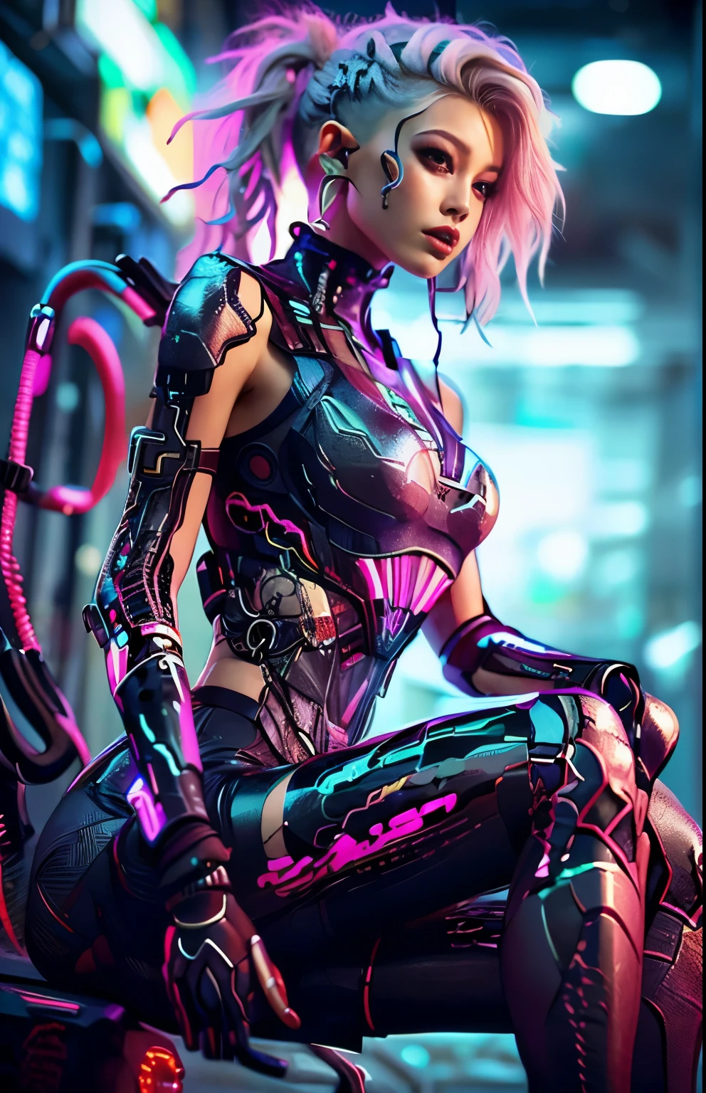 uma belissima mulher ciborgue guerreira ninja cyberpunk, olhos azuis, calelo curto, corpo humano, mechanic legs, mechanical arms, em uma cidade furista, 8k  ultra detalhado e realista