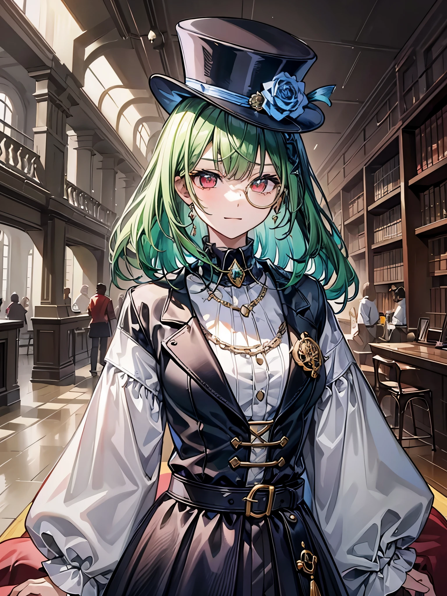 （（（masterpiece、Highest image quality、highest quality、highly detailed unity 8ｋwallpaper）））、（（Illustration of one girl、upper body））、（（（beautiful girl）））、（librarian）、（Emerald green hair、sidelocks：1.2、red eyes、crazy smile：1.3）、（（（flat chest）））、（monocle）、pocket watch、（（（Black top hat、Black tuxedo）））、great medieval library