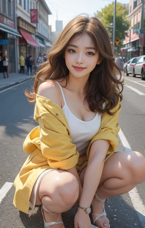highest quality、masterpiece、ultra high resolution、Photoreal、RAW photo、1 girl、sexy look、shoulder hair、The lower half is curled and sauvage、cute smile like a model、frontage、Hair color is blonde、Tight mini skirt in yellow、Ordinary high heels、eyes are double、wear mascara、Cute pose like a model、cute face、Gorgeous like a model、ultimate beauty、cute smile、bright smile、Masseter muscle part、highest quality、Clothes suitable for winter、trendy down jacket、Downtown cityscape、sunny day、photo shoot、The Sexy Zone is barely visible and you can almost see her panties.、