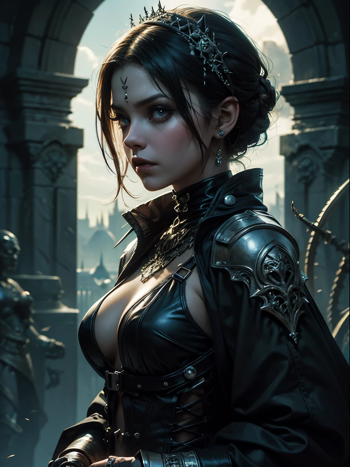 Chronicles of the Riddick Necromonger Woman, Heavy Gothic Makeup, dark chiaroscuro gothic ciberpunk city background, arte conceptual oscuro fotorrealista, Gothic Babylonian (ciberpunk) Doncella, angry gorgeous gothic ciberpunk , Dark fantasy science fiction, hyperdetailed fantasy character, fantasy concept art portrait, retrato de una mujer Necromonger, Stefan Gesell, ciberpunk horror style, dark fantasy character design, Arte conceptual 4K e hiperrealismo