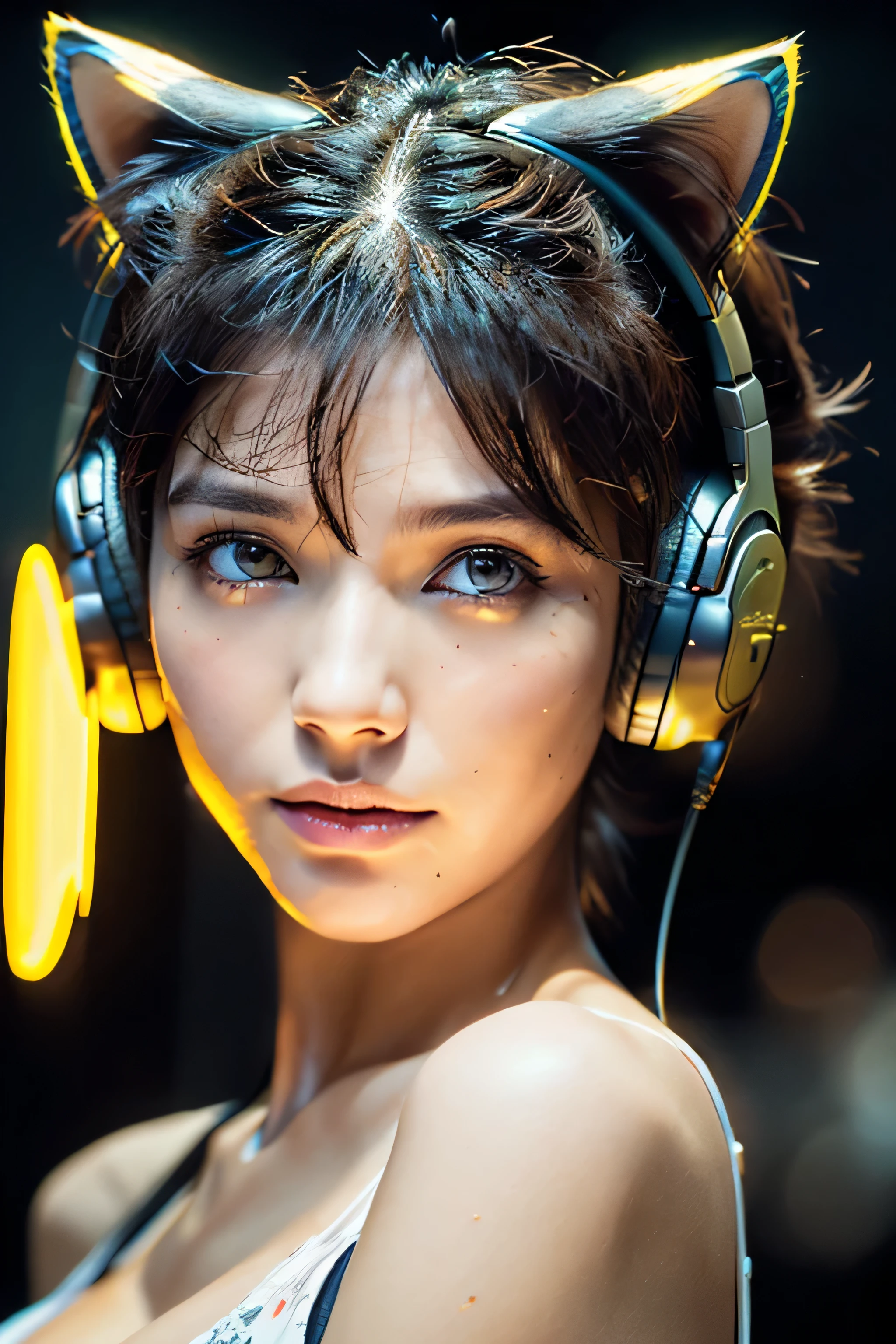 (Best Quality, Masterpiece, Ultra High Definition, High resolution, highly detailed, High Definition Face, clear pictures, HDR:1.5), (20-year-old woman:1.3), (eyes be visually in focus:1.4), (film photography style:1.5), (background neon sign, neon color fashion, cyberpunk beauty, beautiful woman wearing cat ear headphones:1.5), (Slim Big Breasts, huge Breasts:1.3), short cut hair, (Glossy, highly fine breasts, shiny skin), highly detailed facial and skin texture, (beautiful eyes, light in the eyes, detailed eyes), clean face, white skin, very Fair skin