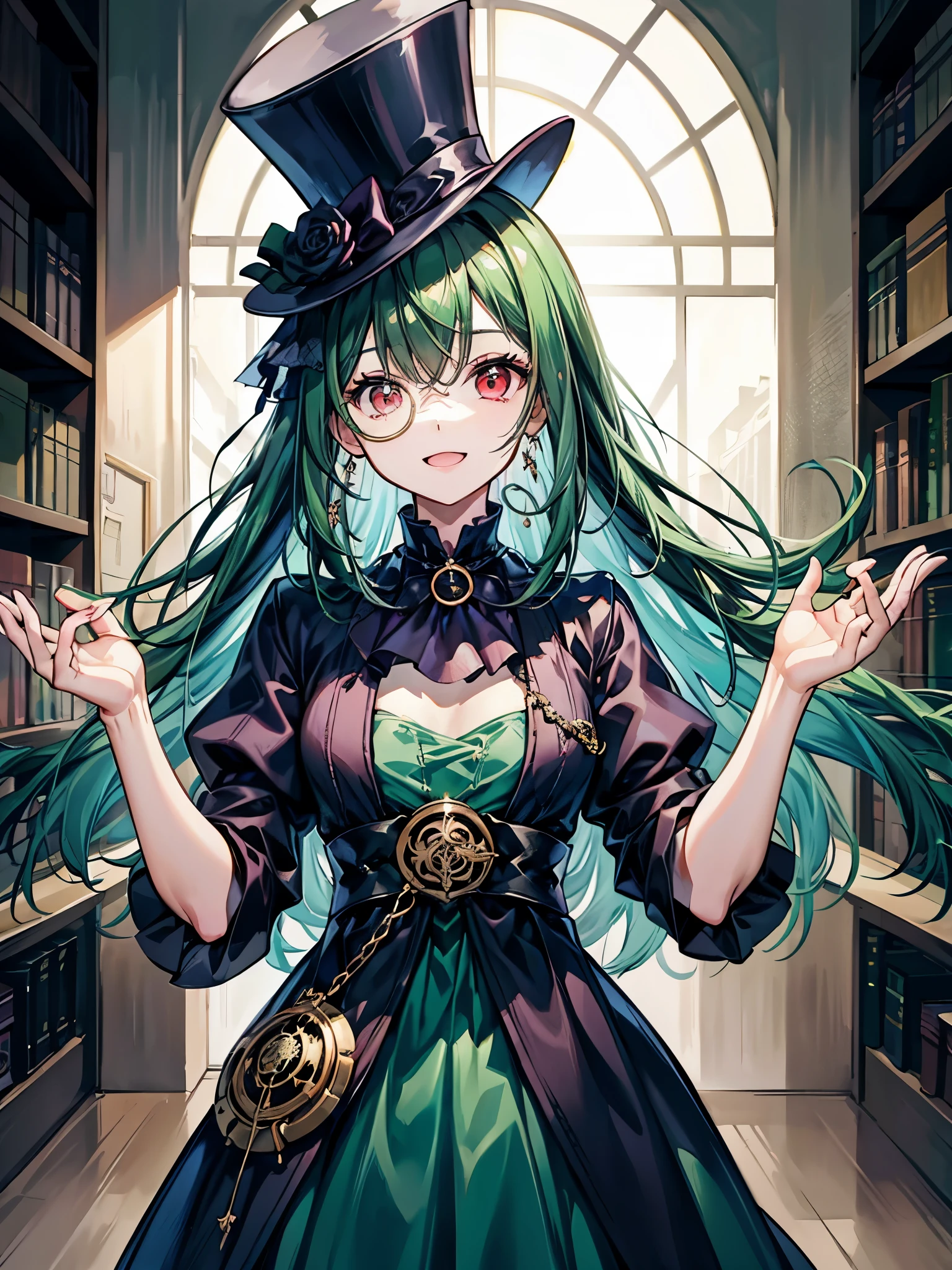 (((masterpiece、Highest image quality、highest quality、highly detailed unity 8kwallpaper)))、((Illustration of one girl、upper body))、(((beautiful girl)))、(librarian)、(Emerald green hair、sidelocks:1.2、red eyes、crazy smile:1.3)、(((flat chest)))、(monocle)、pocket watch、(((Black top hat、Black tuxedo)))、great medieval library