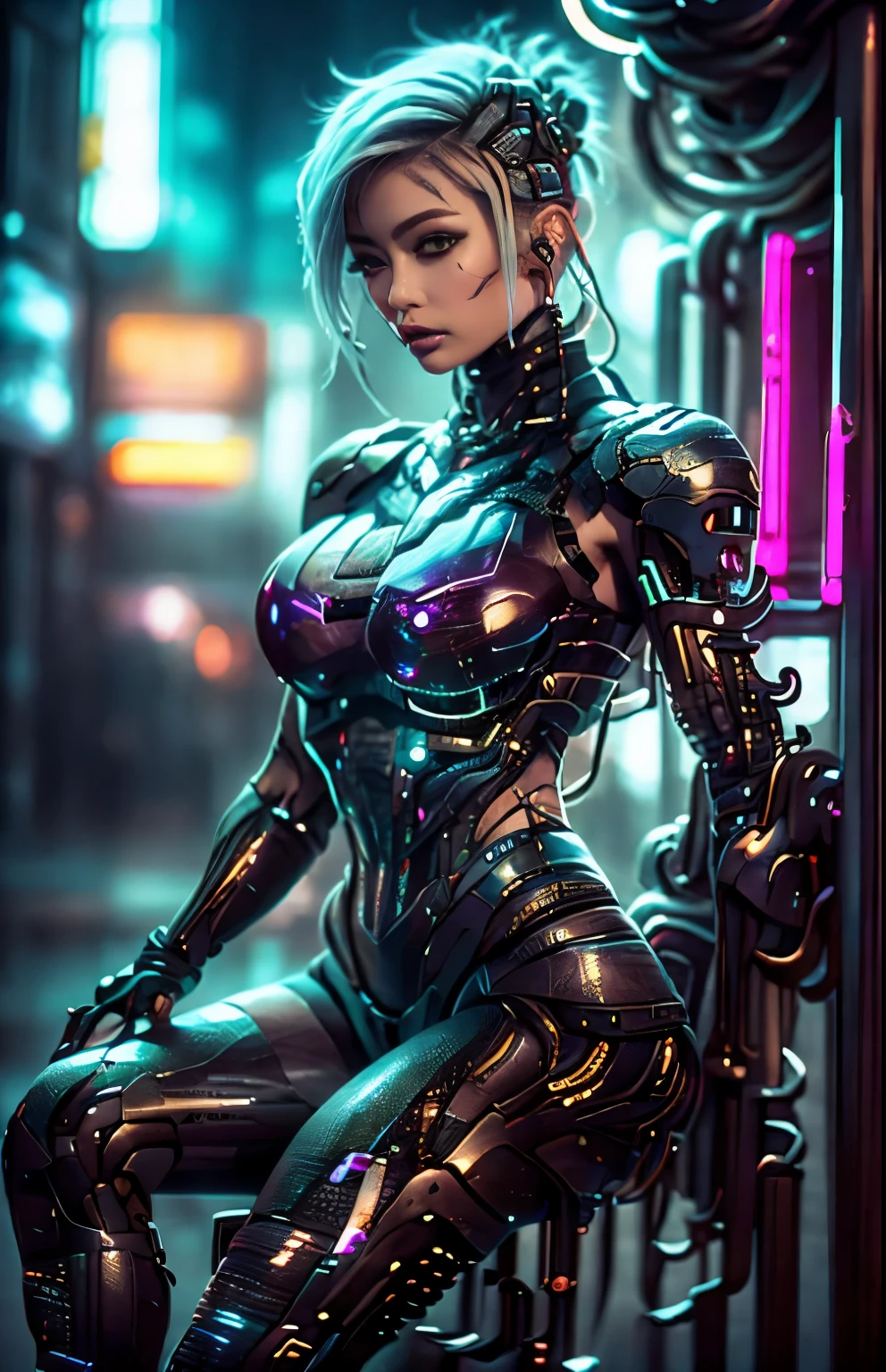 uma belissima mulher ciborgue guerreira ninja cyberpunk, olhos azuis, calelo curto, corpo humano, mechanic legs, mechanical arms, em uma cidade furista, 8k  ultra detalhado e realista