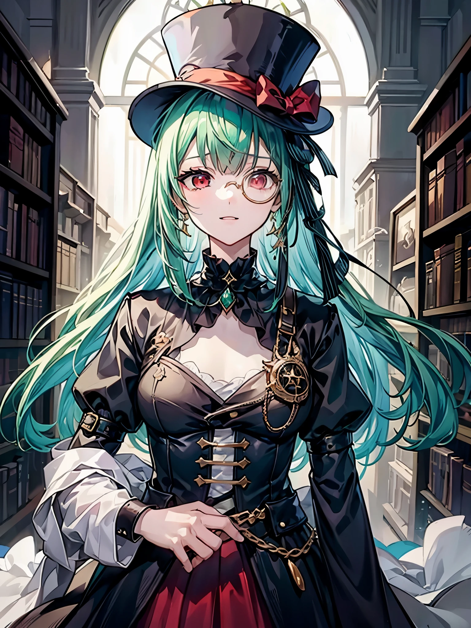 （（（masterpiece、Highest image quality、highest quality、highly detailed unity 8ｋwallpaper）））、（（Illustration of one girl、upper body））、（（（beautiful girl）））、（librarian）、（Emerald green hair、sidelocks：1.2、red eyes、crazy smile：1.3）、（（（flat chest）））、（monocle）、pocket watch、（（（Black top hat、Black tuxedo）））、great medieval library
