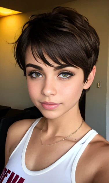 Photo of a -yeld Euean girl, .RAW, beautiful woman,pecas en mejillas y pecho ,hermosos ojos azules(Light brown hair pixie haircut),corte de cabello pixie desalineado ((retrato)), ((Cara detallada:1.2)), ((Detailed facial features)), (Piel finamente detallada) ,lindo maquillaje, Purple eyeshadows on eyelids ,Un sexy(cool color), (Masutepiece) (proporciones perfectaotos realistas)(La mejor calidad), NffSW, (8k) (papel tapiz) (cinematic lighting) (Dramatic lighting) (sharp focus) (Enrevesado) , fondo variado , linda sonrisa, foto de cuerpo completo , posando para foto , gargantilla negra , aretes en forma de clip , maquillaje , ojos azules, labios rojos , sombra de ojos morada , viste ropa grunge , ropa de motociclista, sostiene guitarra electrica morada, chica alegre , foto de cuerpo completo