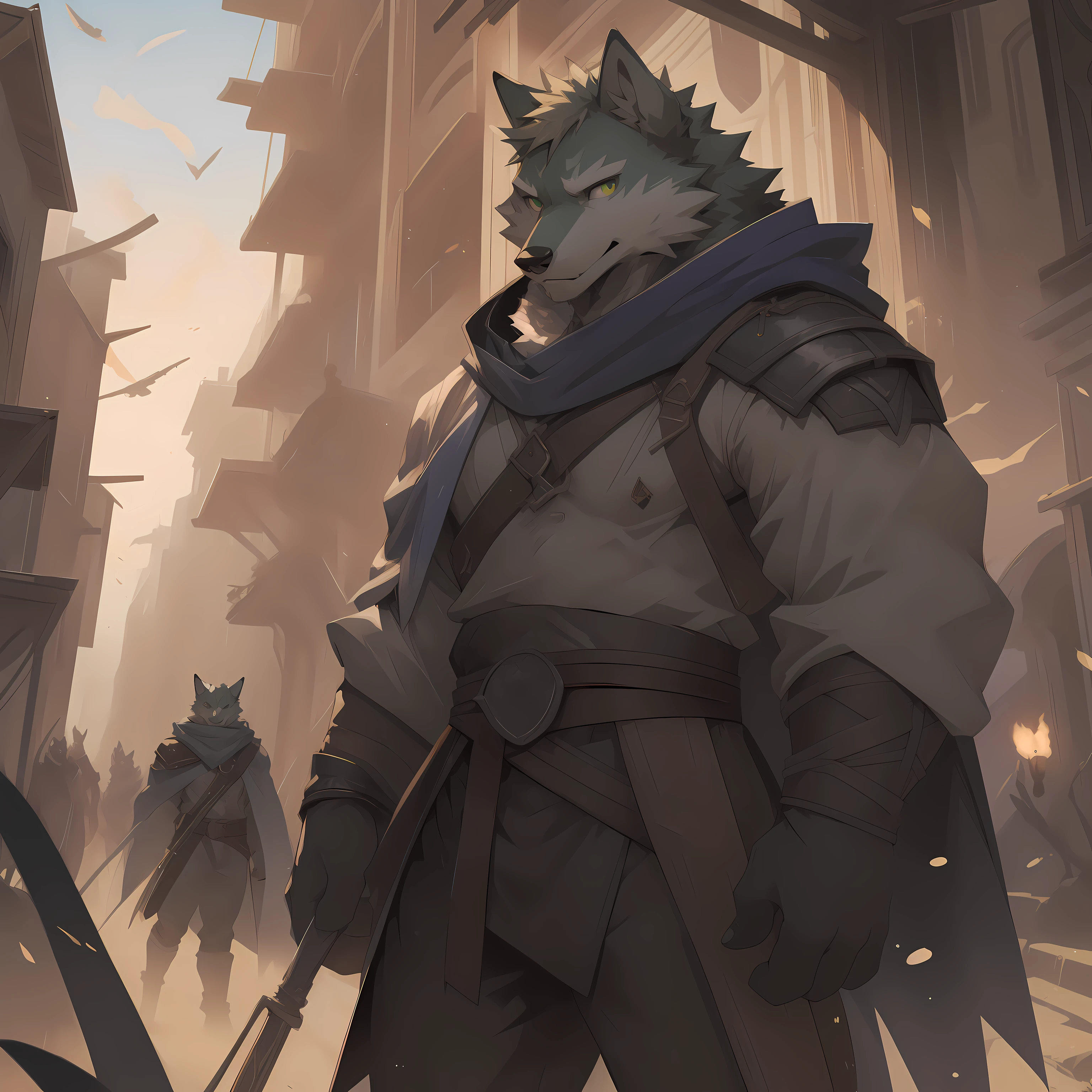 Masterpieces ,best quality ,Delicate face ,Detailed eyes ,ultra detailed ,depth of field ,perfect lighting ,light particles ,solo ,furry male wolf , Anthropomorphic green wolf ,teenaged, green body ,white belly ,muscular ,adventurer clothing ,leather armor ,blue scarf, hood, cape ,looking at viewer