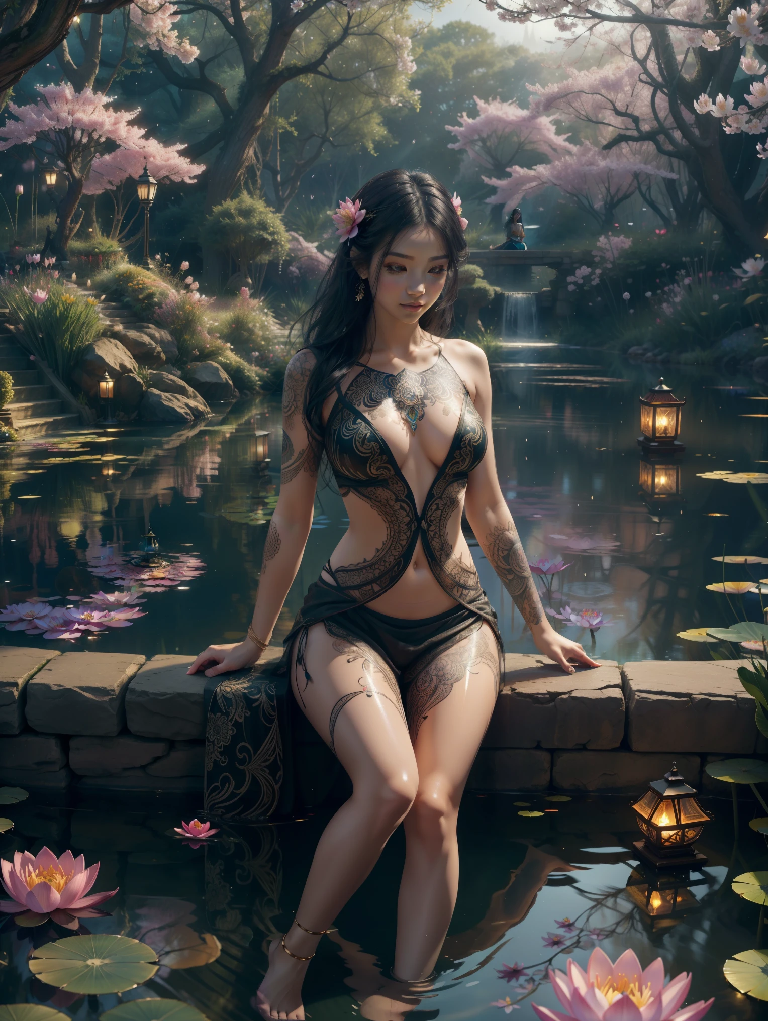 (masterpiece), best quality, expressive eyes, perfect face, 1 sexy girl in forest dress, flowers, leaves, Mandala, fractal, Sleeping Beauty, full body Bella🦋, beautiful sleeping girl, room with mirror, girl sleeping in the bed and sheets, old clock and lamp on the table, full body, black hair, transparent clothes, sexy legs, view of pubic hair, 1 sexy girl in transparent forest clothes, exposed breasts, open transparent t-shirt, tattoos of mandalas and flowers , best quality, masterpiece, illustration, very delicate and beautiful, very detailed, CG, unity, 8k wallpaper, ridiculous, huge file size, very wide lens, soft light, slight smile, view of the man's exposed breasts pubic hair, mandala and flower tattoos, Best quality, Full body, Nude summer, Full tattoo, (Masterpiece, Top quality, Best quality, Official art, Beautiful and aesthetic: 1.2), (1 flower), Full body, Extremely detailed, (Fractal art: 1.3), colored, more detailed, "Best quality", "Masterpiece, Sakimichan style art, black hair fused with platinum and gold, naked girl, beautiful visible pubic area, pink breasts, small breasts at the view, water pond in the garden, old floating clock, lamp, lantern, skin wet with water, floating bed in the pond, beautiful girl lying on the bed, fantasy, view from above, floating bed in the pond, temple interior flooded, night light, full moon, deep fantasy dream, clothes melted in pond water, black hair with gold and platinum reflections, pink weights, toes submerged in water,, official art, unity 8k wallpaper, ultra detailed, beautiful and aesthetic, beautiful, masterpiece, best quality, (zentangle, mandala, tangle, entangle), (ecstasy of flower:1.2) dynamic angle, the most beautiful form of chaos, elegant, a brutalist designed, vivid colours, romanticism, Background with：ponds，Cherry blossom forest，lotus flower）Lie underwater，seen from the front，， mostly cloudy sky,（Very detailed CG unity 8K wallpaper),