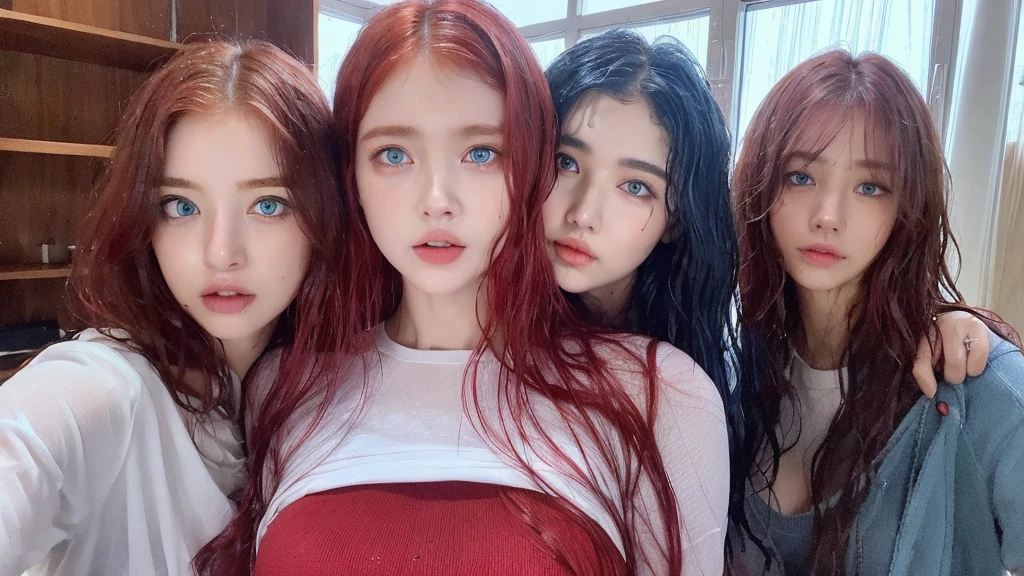 4 Beautiful handsome woman, ((top quality, 8k, masterpiece:1.retty woman, 1woman, huge breasts:1.3, slender figure:1.1, elastic red long hair, (shower, wet body, wet clothes:1.1), very detailed face, detailed lips, detailed eyes, double eyelids, detailed blue eyes, extremely detailed outstanding blue eyes, red wet hair, red wet hair, detailed outstanding BLUE EYES, innocent stare at the viewer, extremely wet wavy red hair, detailed outstanding BLUE EYES, raining outside