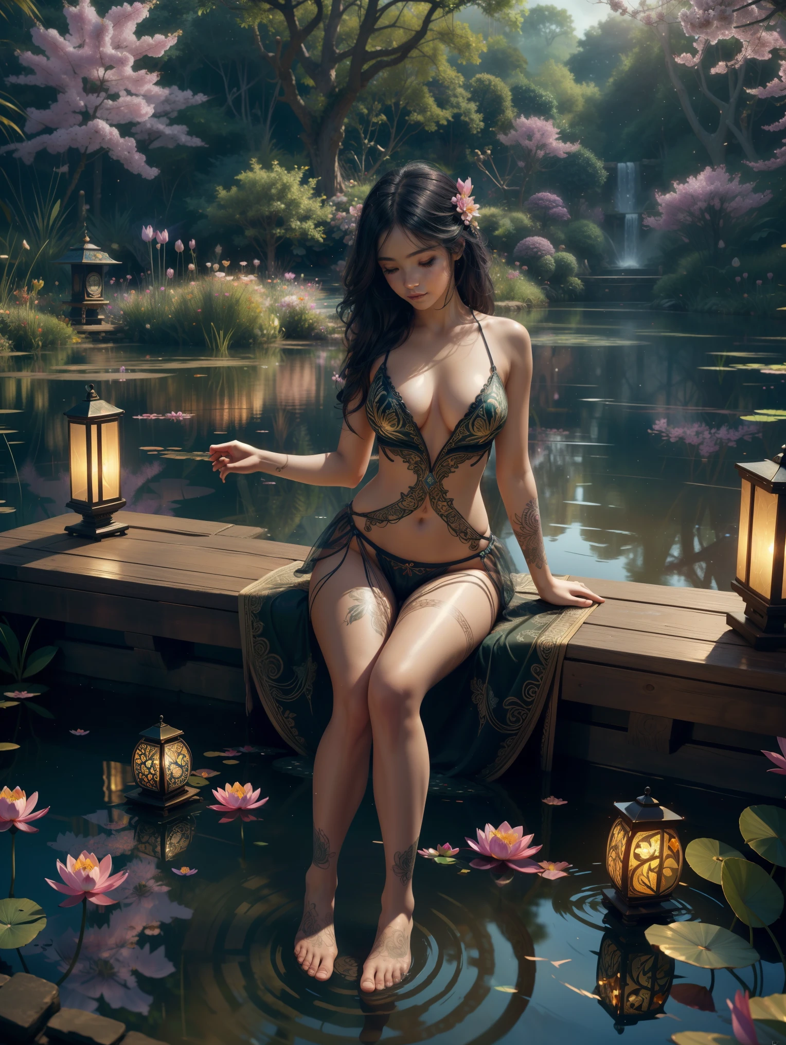 (masterpiece), best quality, expressive eyes, perfect face, 1 sexy girl in forest dress, flowers, leaves, Mandala, fractal, Sleeping Beauty, full body Bella🦋, beautiful sleeping girl, room with mirror, girl sleeping in the bed and sheets, old clock and lamp on the table, full body, black hair, transparent clothes, sexy legs, view of pubic hair, 1 sexy girl in transparent forest clothes, exposed breasts, open transparent t-shirt, tattoos of mandalas and flowers , best quality, masterpiece, illustration, very delicate and beautiful, very detailed, CG, unity, 8k wallpaper, ridiculous, huge file size, very wide lens, soft light, slight smile, view of the man's exposed breasts pubic hair, mandala and flower tattoos, Best quality, Full body, Nude summer, Full tattoo, (Masterpiece, Top quality, Best quality, Official art, Beautiful and aesthetic: 1.2), (1 flower), Full body, Extremely detailed, (Fractal art: 1.3), colored, more detailed, "Best quality", "Masterpiece, Sakimichan style art, black hair fused with platinum and gold, naked girl, beautiful visible pubic area, pink breasts, small breasts at the view, water pond in the garden, old floating clock, lamp, lantern, skin wet with water, floating bed in the pond, beautiful girl lying on the bed, fantasy, view from above, floating bed in the pond, temple interior flooded, night light, full moon, deep fantasy dream, clothes melted in pond water, black hair with gold and platinum reflections, pink weights, toes submerged in water,, official art, unity 8k wallpaper, ultra detailed, beautiful and aesthetic, beautiful, masterpiece, best quality, (zentangle, mandala, tangle, entangle), (ecstasy of flower:1.2) dynamic angle, the most beautiful form of chaos, elegant, a brutalist designed, vivid colours, romanticism, Background with：ponds，Cherry blossom forest，lotus flower）Lie underwater，seen from the front，， mostly cloudy sky,（Very detailed CG unity 8K wallpaper),