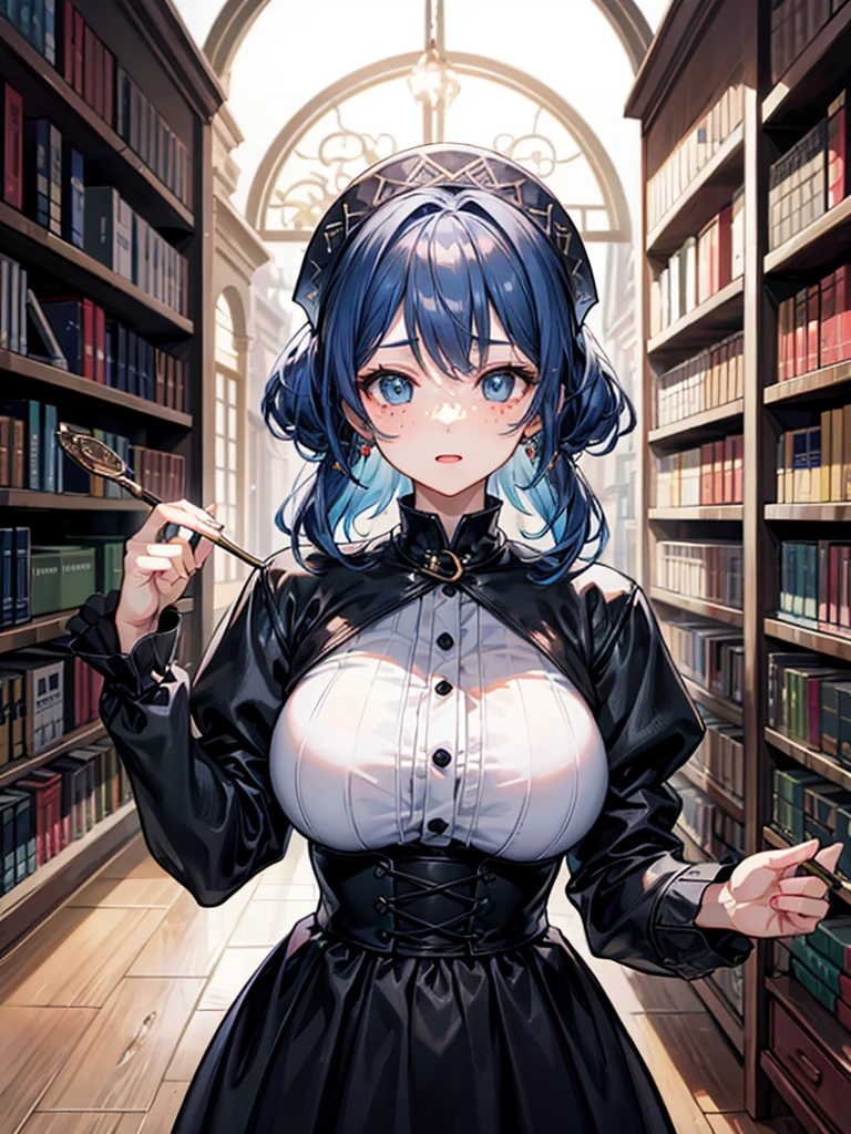 (((masterpiece、Highest image quality、highest quality、highly detailed unity 8kwallpaper)))、((Illustration of one girl、upper body))、(((beautiful girl)))、(librarian)、((blue hair、freckles:1.3))、(stocky build, thickset physique:1.3, broad shoulders, solid chest)、big breasts、librarian服、great medieval library