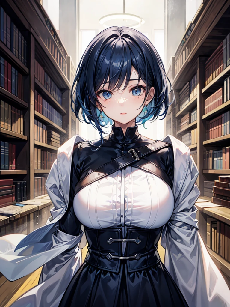 (((masterpiece、Highest image quality、highest quality、highly detailed unity 8kwallpaper)))、((Illustration of one girl、upper body))、(((beautiful girl)))、(librarian)、((blue hair、freckles:1.3))、(stocky build, thickset physique:1.3, broad shoulders, solid chest)、big breasts、librarian服、great medieval library