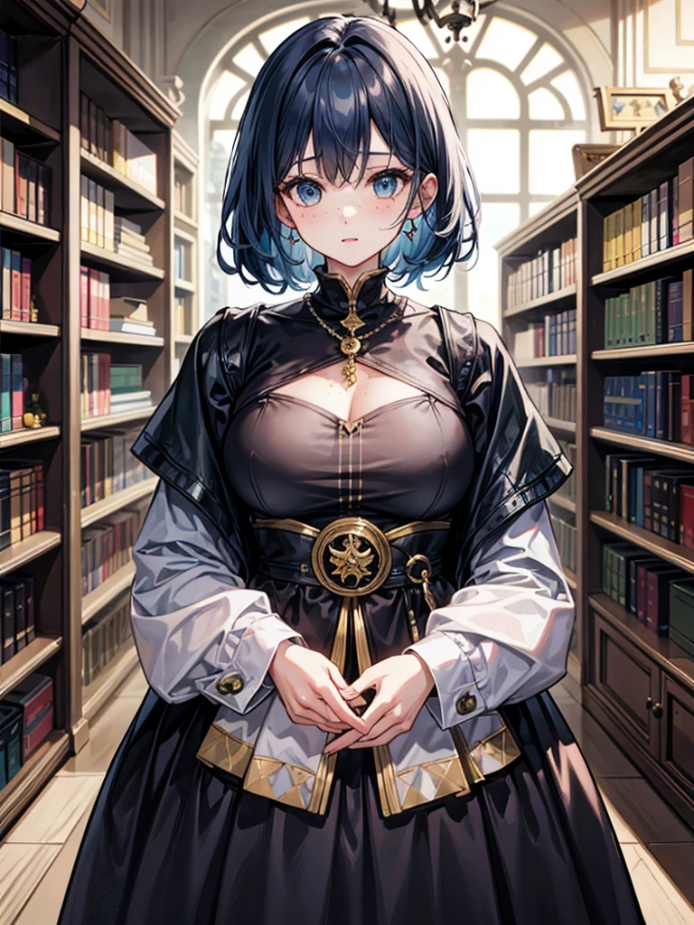 (((masterpiece、Highest image quality、highest quality、highly detailed unity 8kwallpaper)))、((Illustration of one girl、upper body))、(((beautiful girl)))、(librarian)、((blue hair、freckles:1.3))、(stocky build, thickset physique:1.3, broad shoulders, solid chest)、big breasts、librarian服、great medieval library