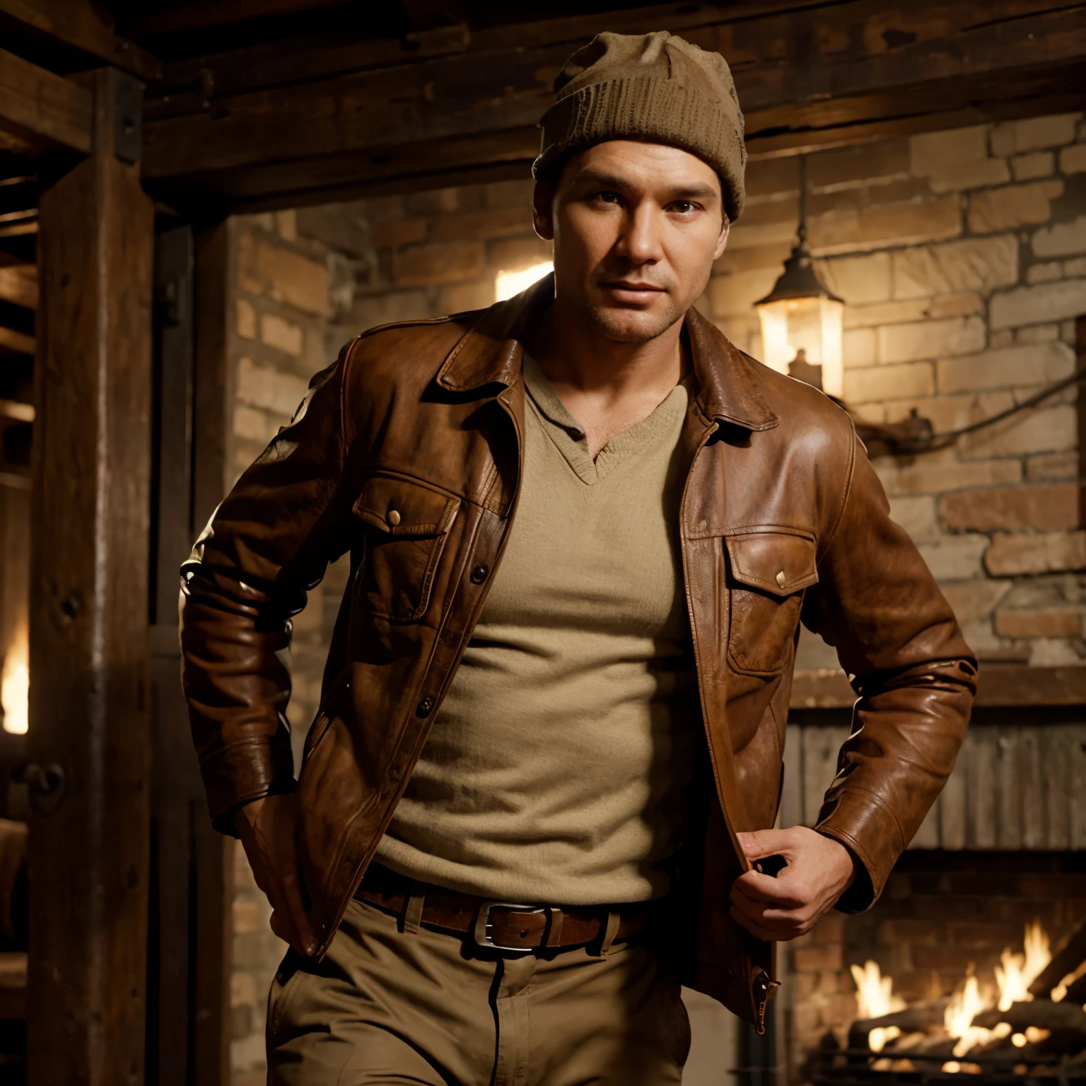 Indiana Jones:: :: no hair:: without hair:: shaved face:: winter hat:: leather jacket:: shirt:: khaki pants