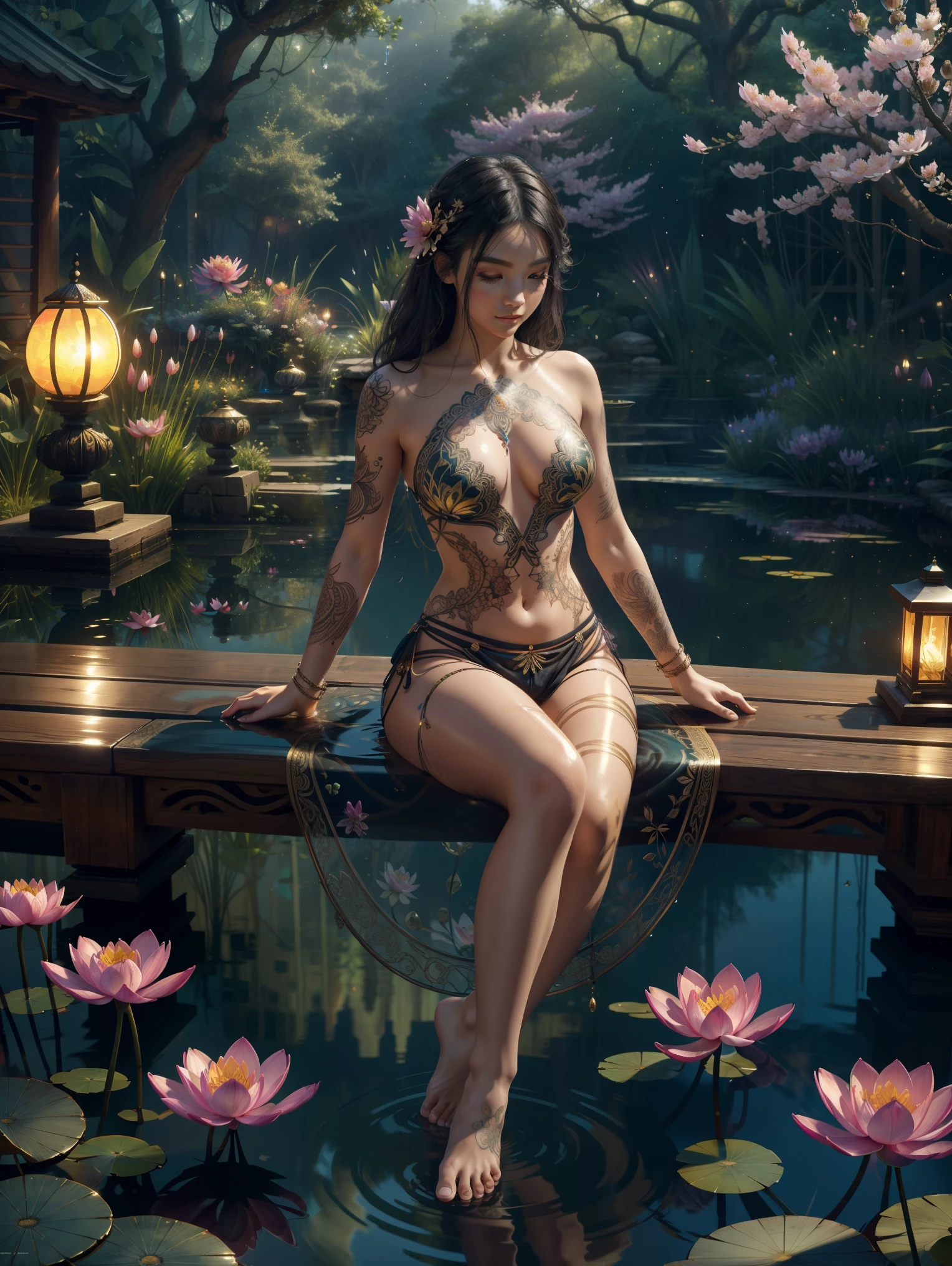 (masterpiece), best quality, expressive eyes, perfect face, 1 sexy girl in forest dress, flowers, leaves, Mandala, fractal, Sleeping Beauty, full body Bella🦋, beautiful sleeping girl, room with mirror, girl sleeping in the bed and sheets, old clock and lamp on the table, full body, black hair, transparent clothes, sexy legs, view of pubic hair, 1 sexy girl in transparent forest clothes, exposed breasts, open transparent t-shirt, tattoos of mandalas and flowers , best quality, masterpiece, illustration, very delicate and beautiful, very detailed, CG, unity, 8k wallpaper, ridiculous, huge file size, very wide lens, soft light, slight smile, view of the man's exposed breasts pubic hair, mandala and flower tattoos, Best quality, Full body, Nude summer, Full tattoo, (Masterpiece, Top quality, Best quality, Official art, Beautiful and aesthetic: 1.2), (1 flower), Full body, Extremely detailed, (Fractal art: 1.3), colored, more detailed, "Best quality", "Masterpiece, Sakimichan style art, black hair fused with platinum and gold, naked girl, beautiful visible pubic area, pink breasts, small breasts at the view, water pond in the garden, old floating clock, lamp, lantern, skin wet with water, floating bed in the pond, beautiful girl lying on the bed, fantasy, view from above, floating bed in the pond, temple interior flooded, night light, full moon, deep fantasy dream, clothes melted in pond water, black hair with gold and platinum reflections, pink weights, toes submerged in water,, official art, unity 8k wallpaper, ultra detailed, beautiful and aesthetic, beautiful, masterpiece, best quality, (zentangle, mandala, tangle, entangle), (ecstasy of flower:1.2) dynamic angle, the most beautiful form of chaos, elegant, a brutalist designed, vivid colours, romanticism, Background with:ponds,Cherry blossom forest,lotus flower)Lie underwater,seen from the front,, mostly cloudy sky,(Very detailed CG unity 8K wallpaper),
