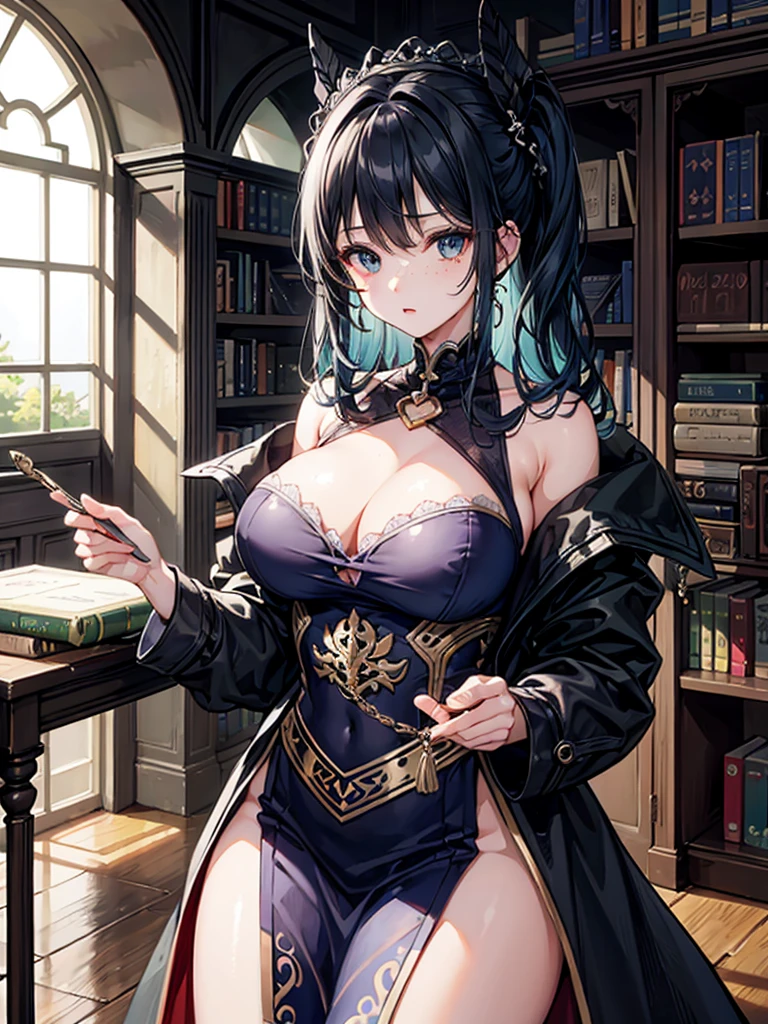(((masterpiece、Highest image quality、highest quality、highly detailed unity 8kwallpaper)))、((Illustration of one girl、upper body))、(((beautiful girl)))、(librarian)、((blue hair、freckles:1.3))、(stocky build, thickset physique:1.3, broad shoulders, solid chest)、big breasts、librarian服、great medieval library