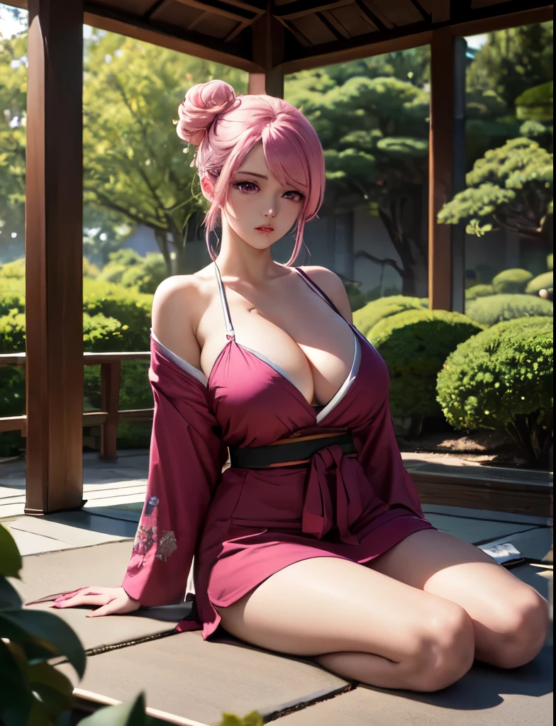 4k,  ,Lens flare, pink hair ,mascara, eyeliner, god rays, 4k, 8k, best quality, masterpiece, hyper detailed, intricate detail, 1girl, solo, detailed, Detailed fuchsia hair ++, detailed pink eyes ++,  raytracing, perfect shadow, highres, enhanced eyes,  huge breasts, seductive,  hyper detailed, he anime girl experiences a meditative journey within a Japanese zen garden spa. She practices mindfulness as she walks along stone paths, enjoys guided meditation sessions in serene garden alcoves, and receives treatments like shiatsu massage that align with the spa's calming environment.The anime girl's hair is elegantly swept up into a low bun or chignon. A few strands are left loose to frame her face softly. The hairstyle reflects the serene and calming atmosphere of a Japanese garden, evoking a sense of inner peace and mindfulness.