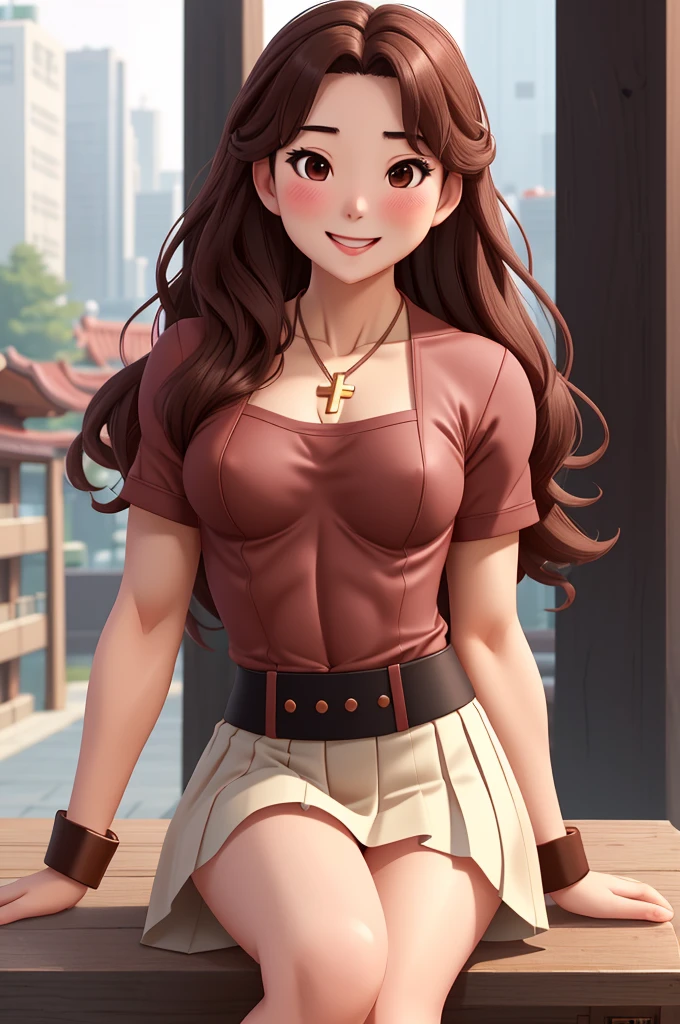 attractive korean woman, ripped muscle, muscular body, small breast, pale skin, smile(blush), nude, skirt, cross necklace, sixpack abs, [ultra detailed skin:1.2], brown hair, wavy hair, 8k uhd, pussy, full body, crowd, public, temple, sitting,