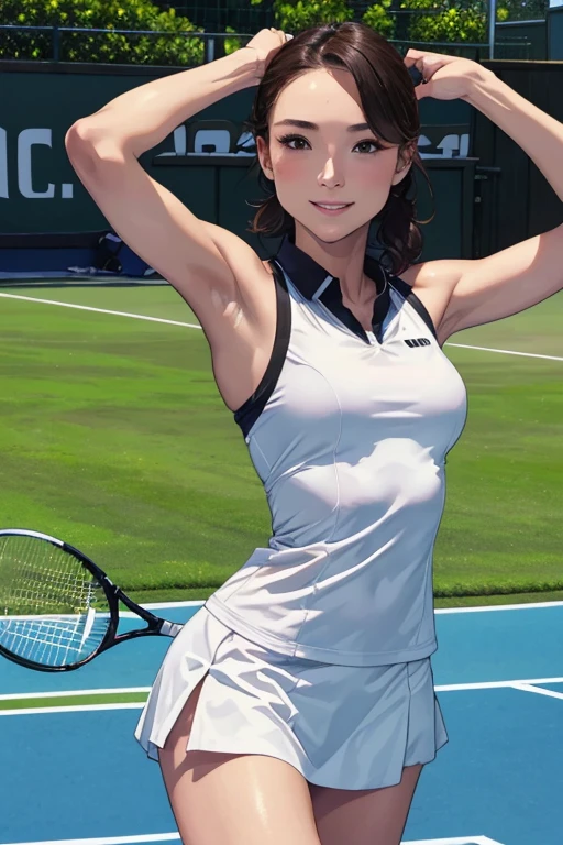 ((Sexy Standing posture, Arms up, on tennis coart:1.2)), (Beautiful Photorealistic 40s women:1.15) , (she is a Photorealistic beautiful tennis player:1.15), (Looking at camera:1.1), (Perfectly healthy and muscular body, big tits, medium tits:1.2), ((She's wearing tennis wear in tennis coart:1.3)), white wear, (small size:1.1), Best Quality, Ultra-detailed, finely detail, hight resolution, Perfect dynamic composition, Beautiful detailed eyes, mid-chest, Natural Color Lip, Random and sexy poses, Smile, 48 years beautiful women, tennis coart, Ultra-realistic capture, Highly detailed, High resolution 16k close-up of human skin. Skin texture must be natural, With such detail that pores can be finely identified. Skin should look healthy, In a uniform tone. Use natural light and color、a Japanese actress in her 48s with a bewitchingly beautiful appearance、