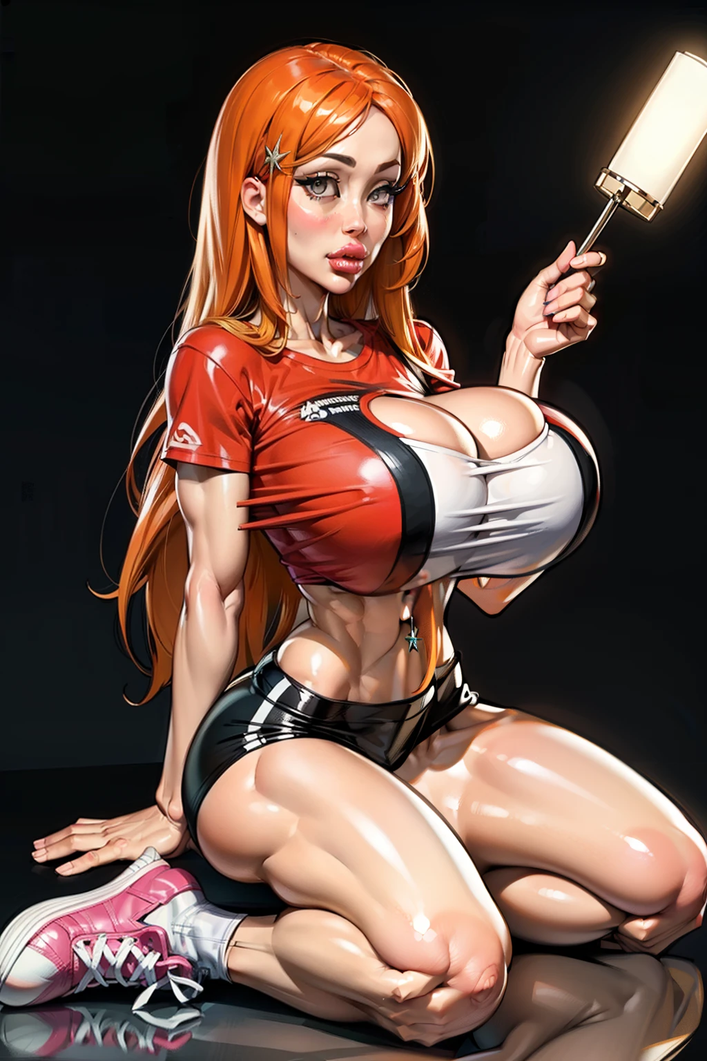 (navel piercing), navel exposed, Generate an illustration of a mature Orihime, pink shirt, orange hair, holding her own breasts , ((aletta ocean face)), de terno preto, (natural lipstick:1.1), long hair, hair flows straight down, hair pins on both sides, (gigantic breasts:1.4), crop top, shorts, long socks, sneakers, outfit in anime format with a serious style, masterpiece, ((white lighting)), black background, puffy lips,((slendered abs)), beautiful face,