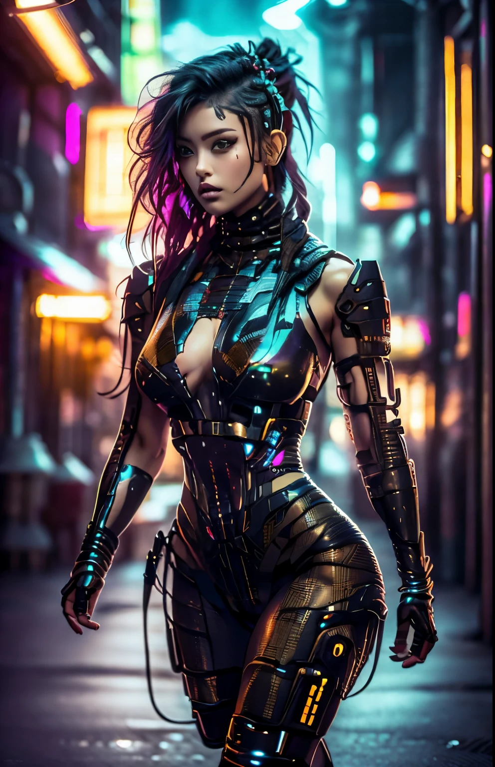uma belissima mulher ciborgue guerreira ninja cyberpunk, olhos azuis, calelo curto, corpo humano, mechanic legs, mechanical arms, em uma cidade furista, 8k  ultra detalhado e realista