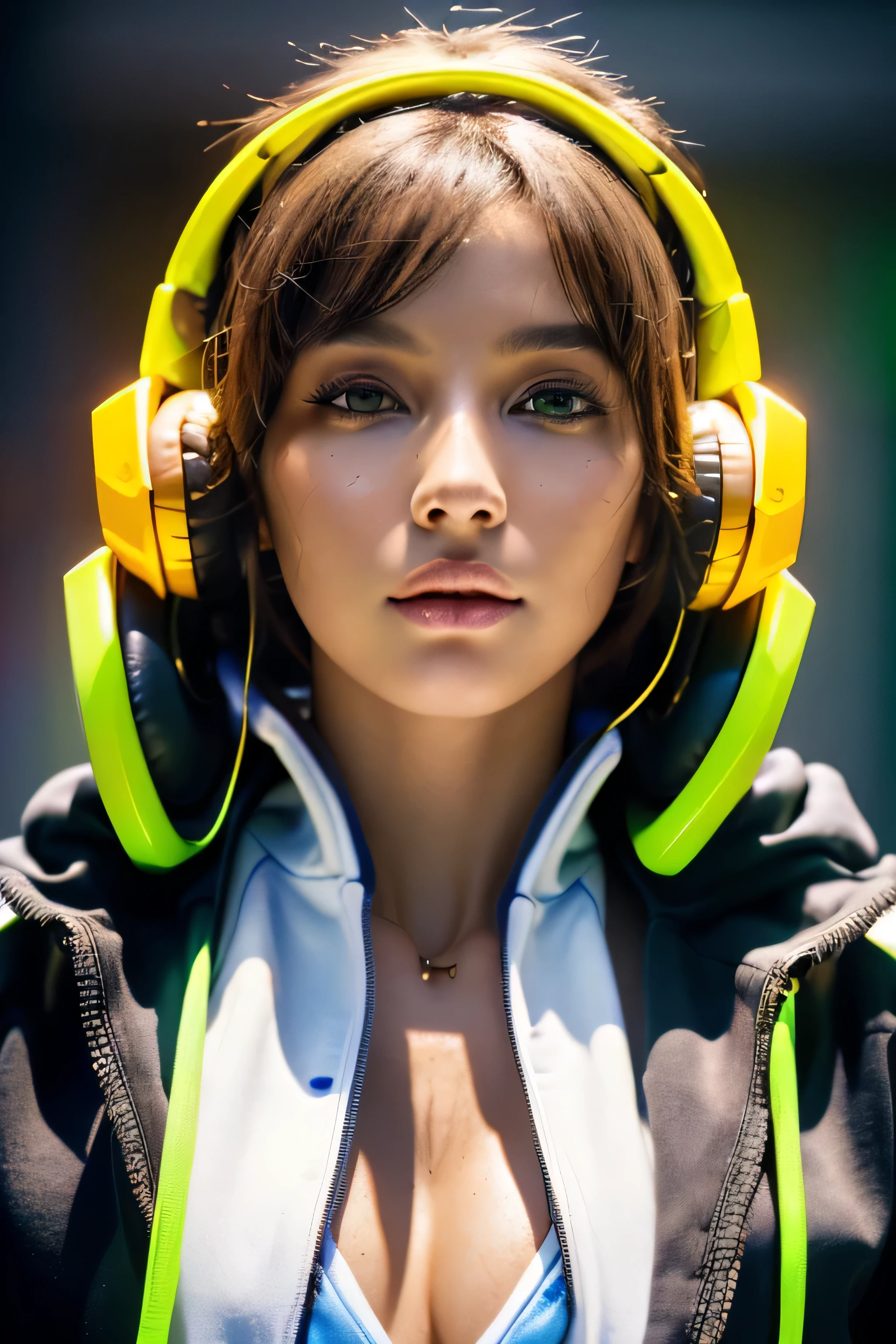 (Best Quality, Masterpiece, Ultra High Definition, High resolution, highly detailed, High Definition Face, clear pictures, HDR:1.5), (20-year-old woman:1.3), (eyes be visually in focus:1.4), (film photography style:1.5), (background neon sign, neon color fashion, cyberpunk beauty, Beautiful woman wearing a hoodie and headphones around her neck:1.5), (Slim Big Breasts, huge Breasts:1.3), short cut hair, (Glossy, highly fine breasts, shiny skin), highly detailed facial and skin texture, (beautiful eyes, light in the eyes, detailed eyes), clean face, white skin, very Fair skin