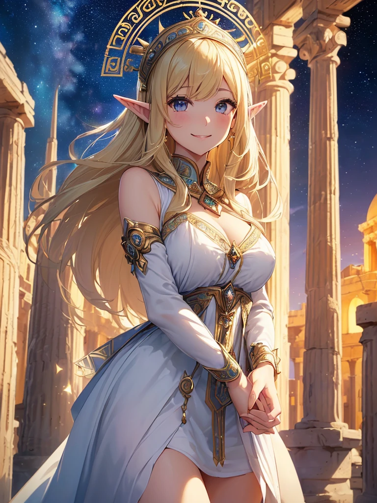 highest quality、Highest image quality、masterpiece、Super beautiful elf beauty((22 years old OL big bust、Bust 98,beautiful long ironed hair、blonde、elf ears、Goddess Athena、nice buddy、slender、Close-up、Esbian、High quality、beautiful art、background starry sky、、beautiful sky、palace of light,muste piece、visual art、Depth of bounds written、、magic of light、space knight、A happy smile、gentle light、、Beautiful legs that are gentle on the skin、Beautiful decoration、、Number of fingers to achieve precise finger movements、ティッカーBeautiful decoration的な、elegant、mystical rosa、 beautiful dressy、、、renaissance art、friendly smile、beautiful dress、mediterranean、Greece、roman temple、marble columns,、Giant Magic Circle、、magical lights