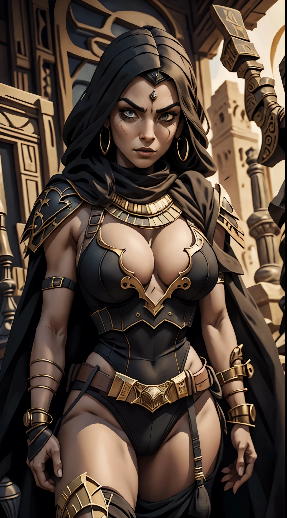 (masterpiece), best quality, expressive eyes, perfect face, detailed eyes, dark fantasy,, Egyptian warrior, cleavage, black and gold outfit, massive snoopy breast, badass woman, sensual ,