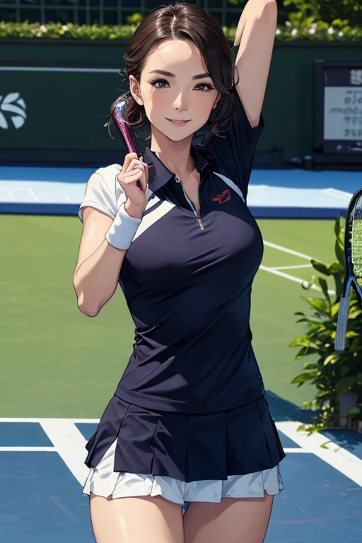 ((Sexy Standing posture, Arms up, on tennis coart:1.2)), (Beautiful Photorealistic 40s women:1.15) , (she is a Photorealistic beautiful tennis player:1.15), (Looking at camera:1.1), (Perfectly healthy and muscular body, big tits, medium tits:1.2), ((She's wearing tennis wear in tennis coart:1.3)), white wear, (small size:1.1), Best Quality, Ultra-detailed, finely detail, hight resolution, Perfect dynamic composition, Beautiful detailed eyes, mid-chest, Natural Color Lip, Random and sexy poses, Smile, 48 years beautiful women, tennis coart, Ultra-realistic capture, Highly detailed, High resolution 16k close-up of human skin. Skin texture must be natural, With such detail that pores can be finely identified. Skin should look healthy, In a uniform tone. Use natural light and color、a Japanese actress in her 48s with a bewitchingly beautiful appearance、