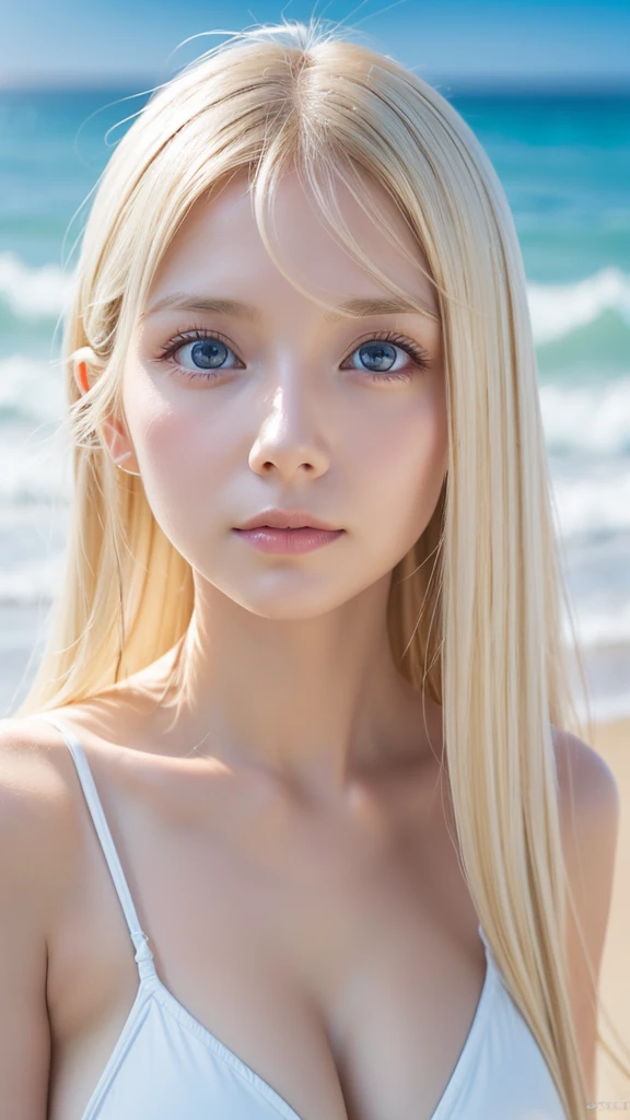A beautiful girl with super long shining blonde hair、Very beautiful bright light blue big eyes、very big eyes、Hair between the eyes、(muste piece, best quality:1.3), 8K, official art, Raw photo, disorganized, delicate blonde girl, (close up of breasts, Embarrassingly cute face:1.2), white bikini, cinch waist, large breasts, bangs, Violacea, gardenia, (solo, on the beach, horizon, beautiful sea, sky porn, sunny day:0.8), (simple background:1.4), (bokeh background:1.3), face light, Ten generations, Looking at Viewer, thin arms, film grain, chromatic aberration, Tits sharp focus, dynamic lighting, (detailed face:1.2), (shy smile:0.3)、small face beauty、White shiny skin、cheek gloss highlight