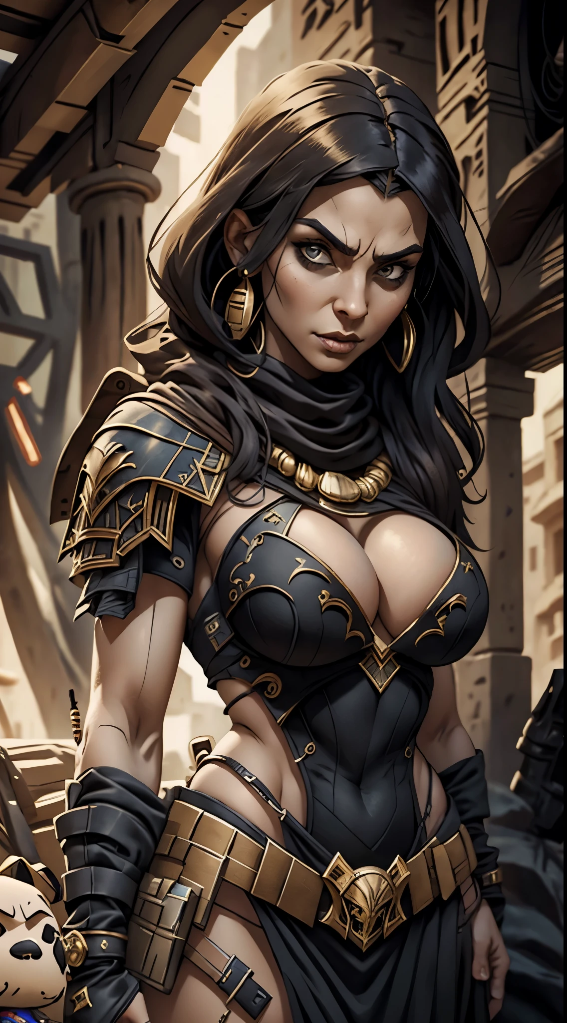 (masterpiece), best quality, expressive eyes, perfect face, detailed eyes, dark fantasy,, Egyptian warrior, cleavage, black and gold  outfit, massive snoopy breast, badass woman, sensual , 