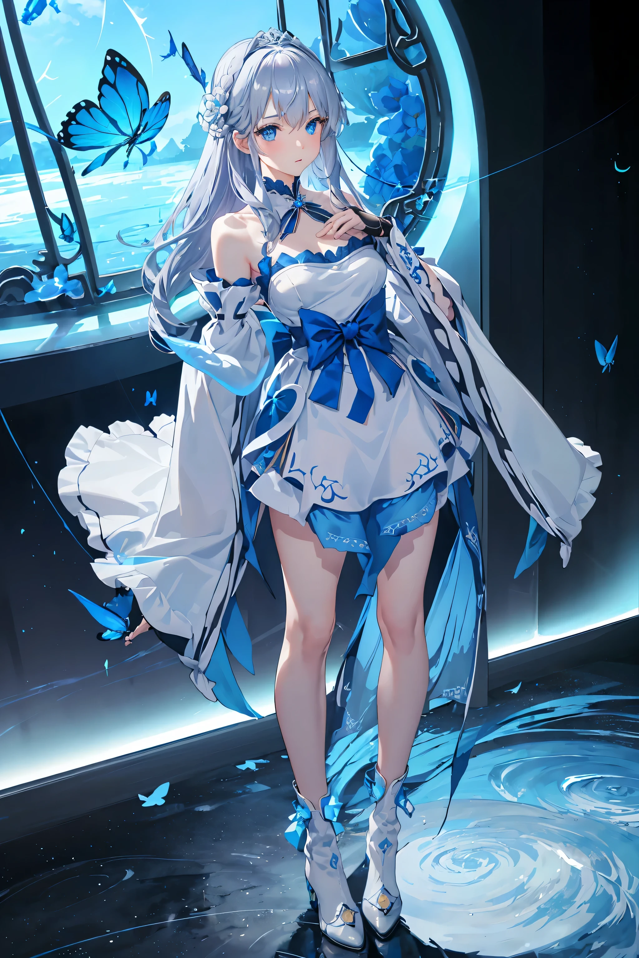 (Overhead view),dynamic angle,ultra-detailed, illustration, close-up, straight on, 1girl, (fantasy:1.4), (azure blue eyes:1.233),Her eyes shone like dreamy stars,(glowing eyes:1.233),(beautiful and detailed eyes:1.1),(Silver hair:1.14),(messy hair,very long hair,french braid,hair between eyes,sidelocks), (+(bule hair flower:1.14)),(chiffon dress,bule flower pattern in uniform)/=(military uniform:1.24),(detached sleeves,wide sleeves),(fingerless gloves),choker,(miko thighhighs),High heeled boots,(expressionless,closed mouth),(standing), (classical Princess boudoir with dressing tableand french windowin a white ancient palaces),(white flowers,bloom),(abysmal sea),(flowing water),(a dull blue world tree:1.14),(ruins),(night:1.2),dreamy,soul,(fluorescence),(flying translucent blue butterflies:1.15), [[delicate fingers and hands:0.55]::0.85],(detail fingers),(yubao:0.5),