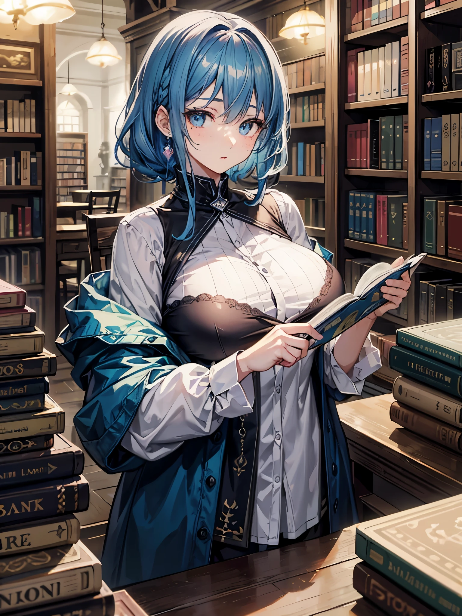 (((masterpiece、Highest image quality、highest quality、highly detailed unity 8kwallpaper)))、((Illustration of one girl、upper body))、(((beautiful girl)))、(librarian)、((blue hair、freckles:1.3))、(stocky build, thickset physique:1.3, broad shoulders, solid chest)、big breasts、librarian服、great medieval library
