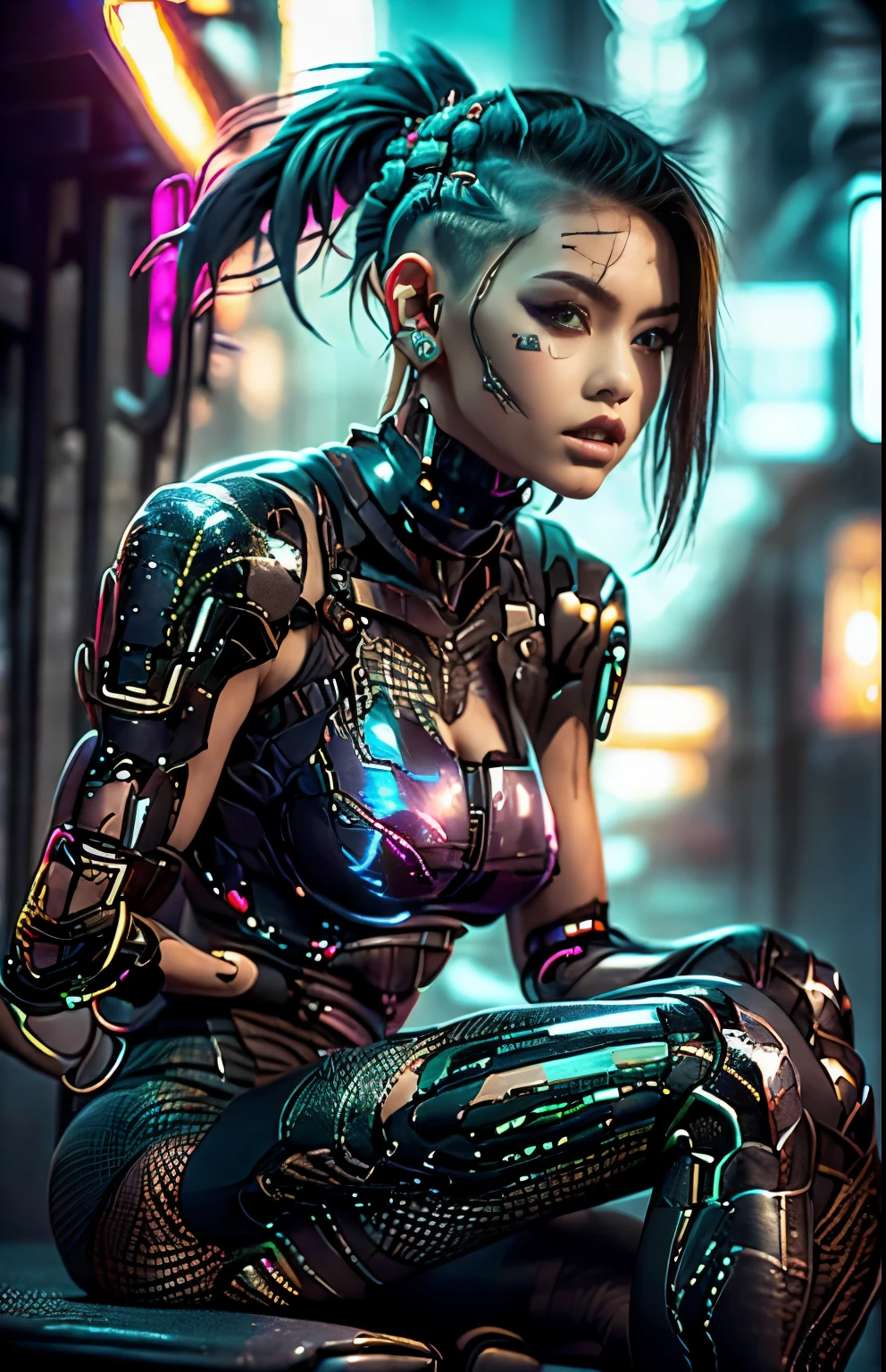 uma belissima mulher ciborgue guerreira ninja cyberpunk, olhos azuis, calelo curto, corpo humano, mechanic legs, mechanical arms, em uma cidade furista, 8k  ultra detalhado e realista