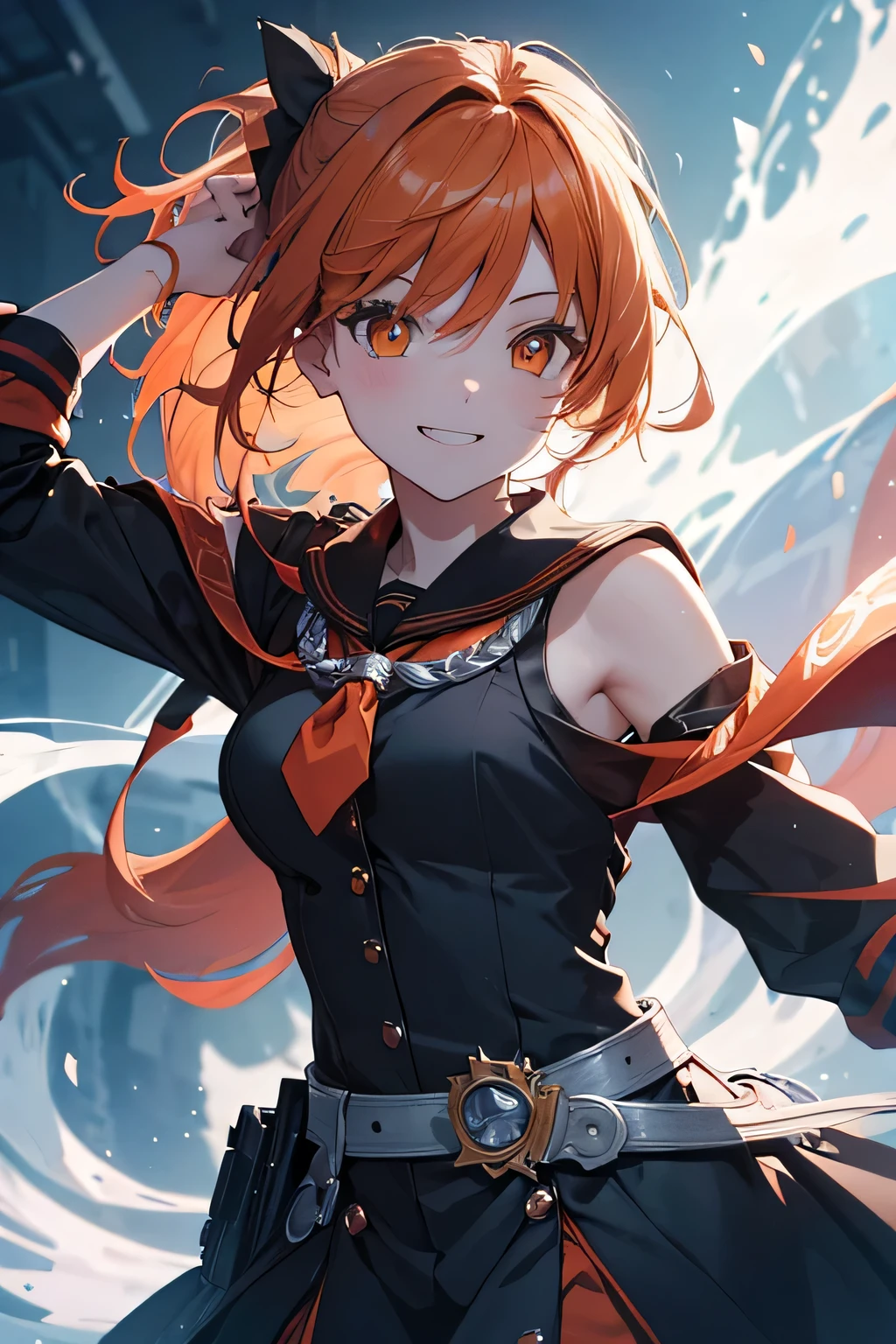 (High resolution, realistic, 4K, super detailed, masterpiece:1.2), Glowing orange eyes, orange hair, side ponytail, cowboy shot (no hat:1.3), black sailor knight, grip warhammer, Merry laughter , graceful aura, flowing dress, mysterious background, dramatic lighting, fierce expression, magical atmosphere, Bright colors, dynamic pose, enchanting beauty