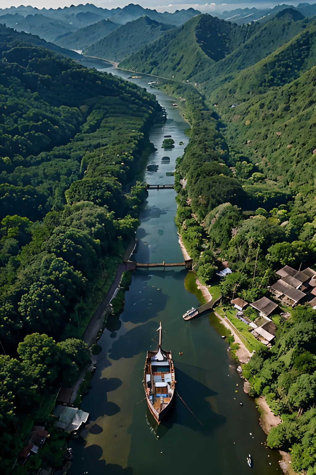 Malaysia scenery in 1511 year, have a river, tropical rainforests, ancient traditional boats, villages near the river, old traditional cottage house , bird eye view in landscape, lighting horror Indonesia movie