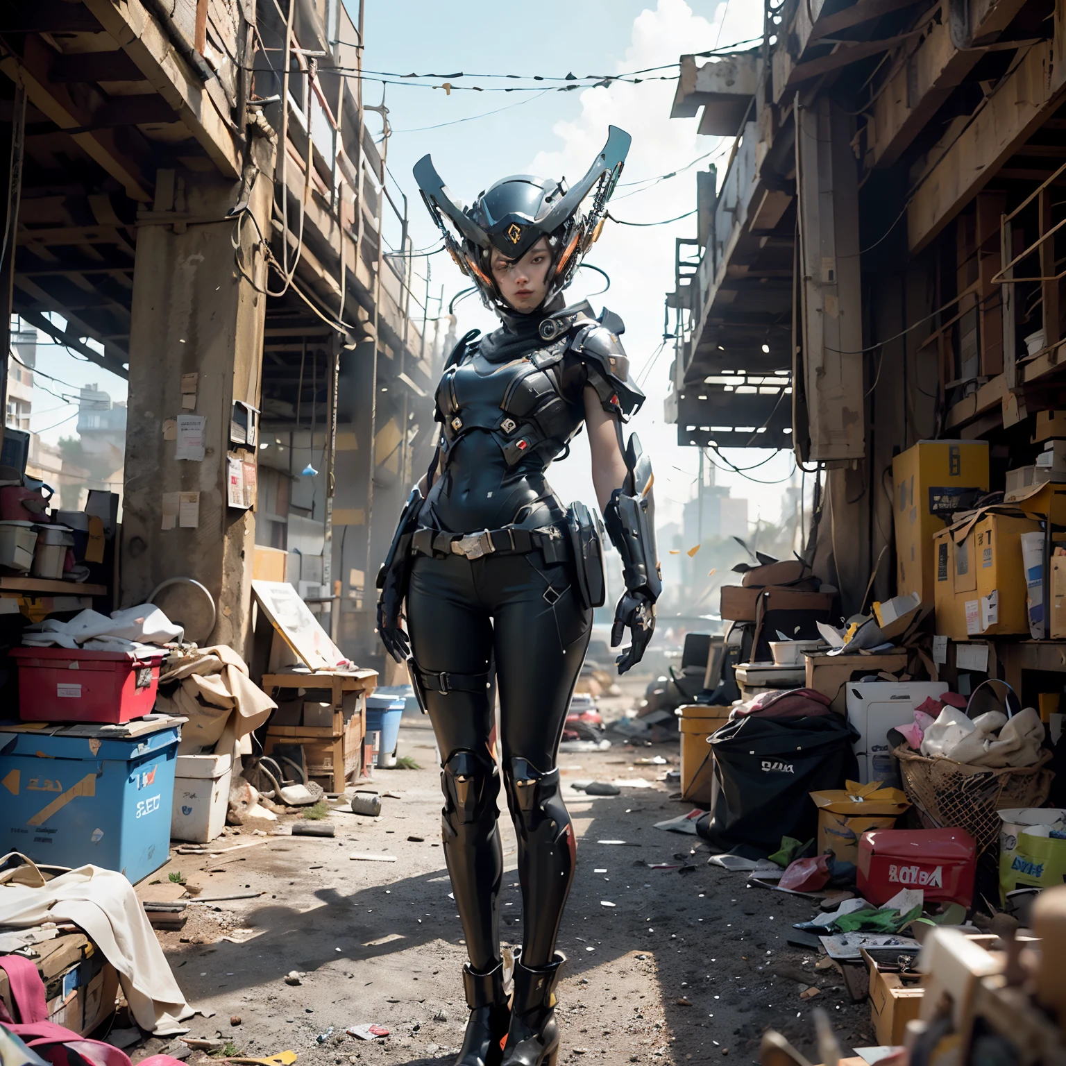 ((melhor qualidade)), ((obra de arte)), ((realista)), (detalhado), (photorealista:1.5), uma garota futurista, (corpo grosso), (body branco), luzes na armadura, cyber hats, olhando para o espectador, Dynamic Posture, Post-apocalyptic, Destroyed city background, buildings on fire, Science fiction, HDR, rastreamento de raio, NVIDIA RTX, Super-resolution, Irreal 5, underground dispersal, PBR texturing, post-processing, Anisotropic filtering, profundidade de campo, Maximum clarity and sharpness, Rule of Thirds, 8K CRU, (luminescent particles:1.4), (extremely detalhado cg, papel de parede da unidade 8k, 3D, cinematic lighting, reflexo de lente), reflections, sharp focus, Arte ciberpunk, arquitetura cyberpunk,