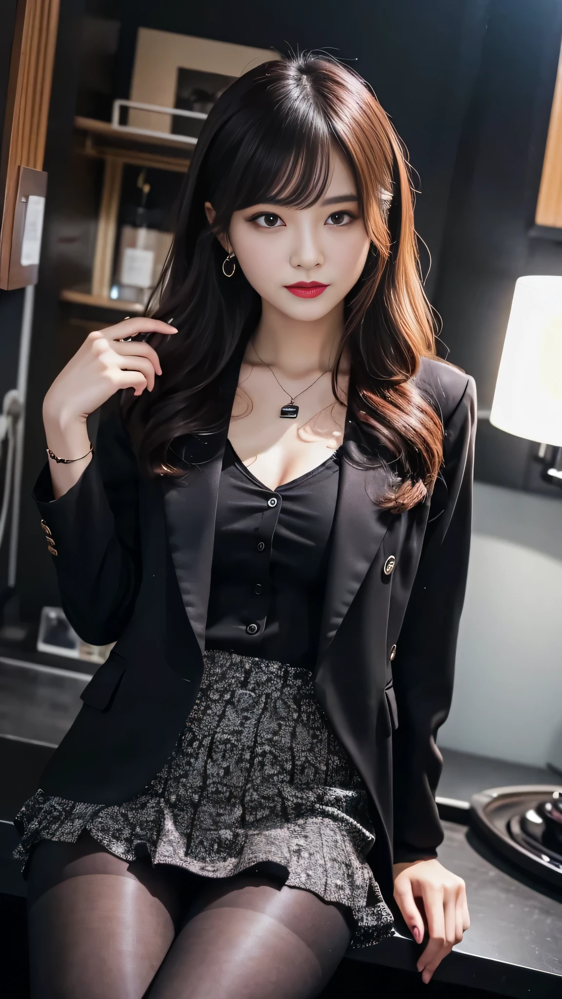 Super detailed、Japanese、charming beauty、Dainty woman、sharp eyes、cool girl、wavy hair、suit、Jacket、blouse、Tight Skirt、black pantyhose、evil female executive、evil depravity、brainwashing、Mind control、lacy fabric、Shiny legs、lipstick、have lip gloss、grin、邪evilなな表情、evil、empty eyes、邪evilな、in the darkroom、lure、meanwhile、lie face up on the operating table