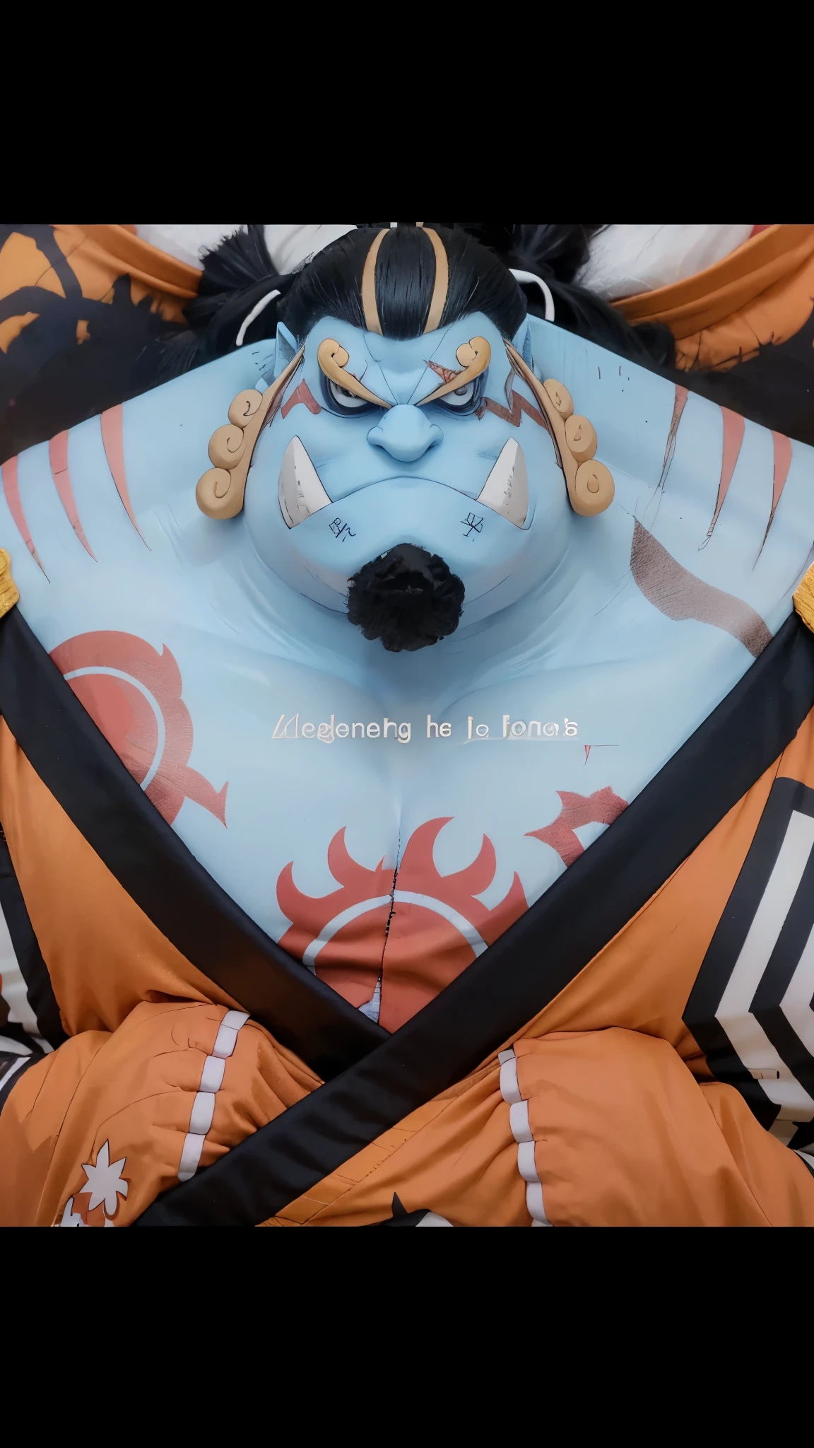 Realistic:1.7, mastepiece:1.7, best quality:1.7, man, solo, 35 years old:1.7, jinbei from one piece, black hair, eyebrows are yellow, wide curly hair, has two large canine teeth: 1.7, (((the character's body is blue))), (((wears a red kimono))), wearing a red robe, detailed fingers , detailed hands