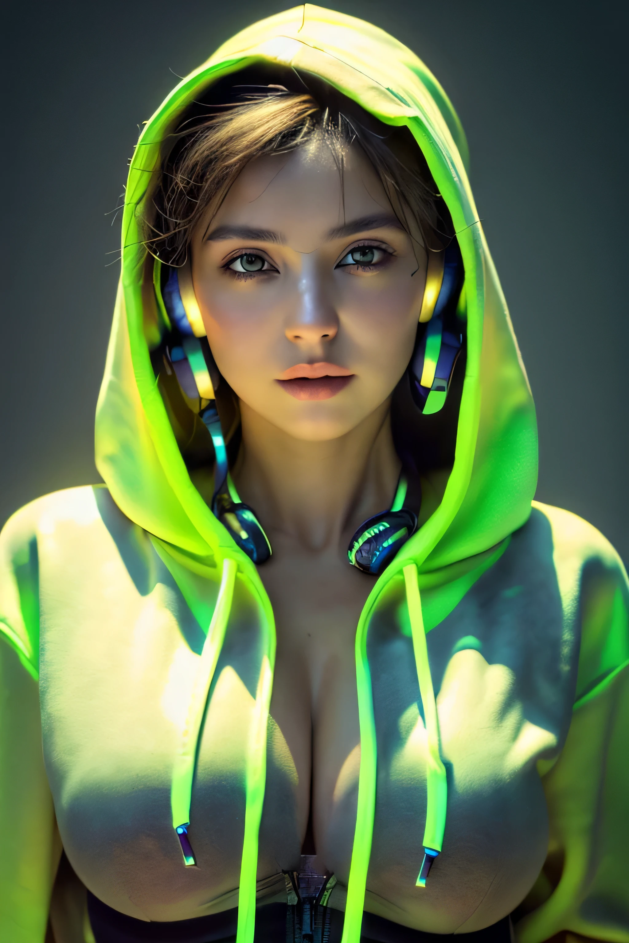 (Best Quality, Masterpiece, Ultra High Definition, High resolution, highly detailed, High Definition Face, clear pictures, HDR:1.5), (20-year-old woman:1.3), (eyes be visually in focus:1.4), (film photography style:1.5), (background neon sign, neon color fashion, cyberpunk, Beautiful woman wearing a hoodie and headphones around her neck:1.5), Slim Big Breasts, huge Breasts, short cut hair, (Glossy, highly fine breasts, shiny skin), highly detailed facial and skin texture, (beautiful eyes, light in the eyes, detailed eyes:1.2), clean face, white skin, very Fair skin