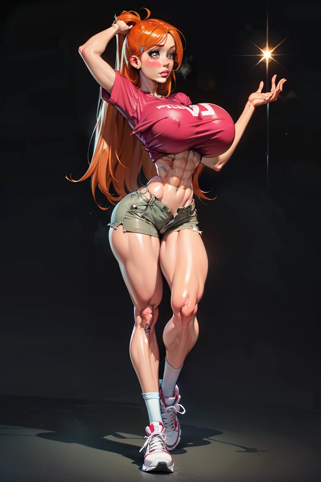 (navel piercing), navel exposed, Generate an illustration of a mature Orihime, pink shirt, orange hair, holding her own breasts , ((hailey grace face)), de terno preto, (natural lipstick:1.1), long hair, hair flows straight down, hair pins on both sides, (gigantic breasts:1.4), crop top, shorts, long socks, sneakers, outfit in anime format with a serious style, masterpiece, ((white lighting)), black background, puffy lips,((slendered abs)), beautiful face,